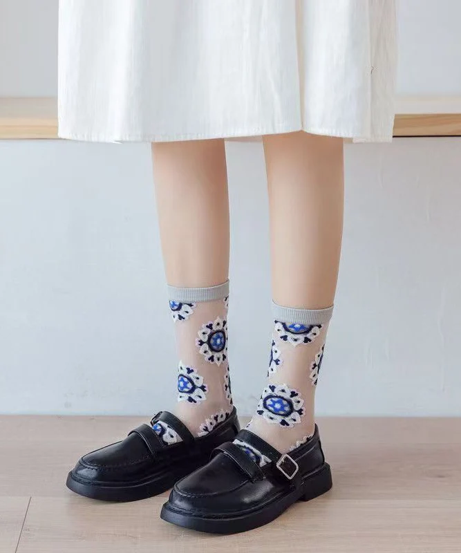 Chic Jacquard Sheer Mesh Mid Calf Socks - greatdealsin