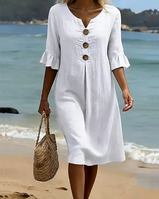 Naomi Linen Shift Dress with Puff Sleeves - greatdealsin
