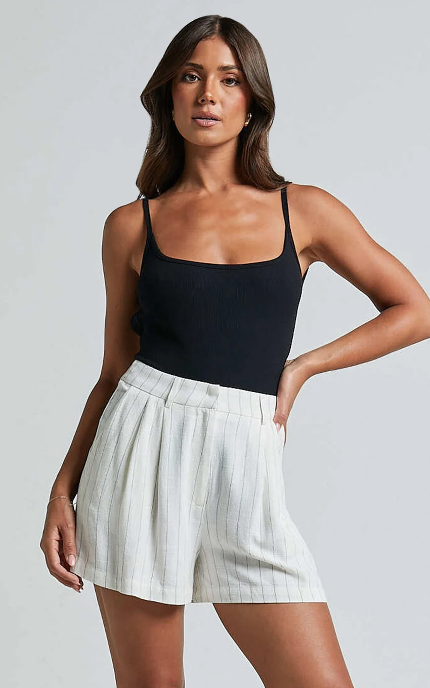 Manon Shorts - Linen Tailored Pinstripe Shorts in White - greatdealsin
