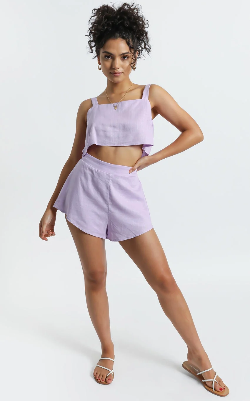 Zanrie Square Neck Crop Top and High Waist Mini Flare Shorts in Lilac Linen Look - greatdealsin