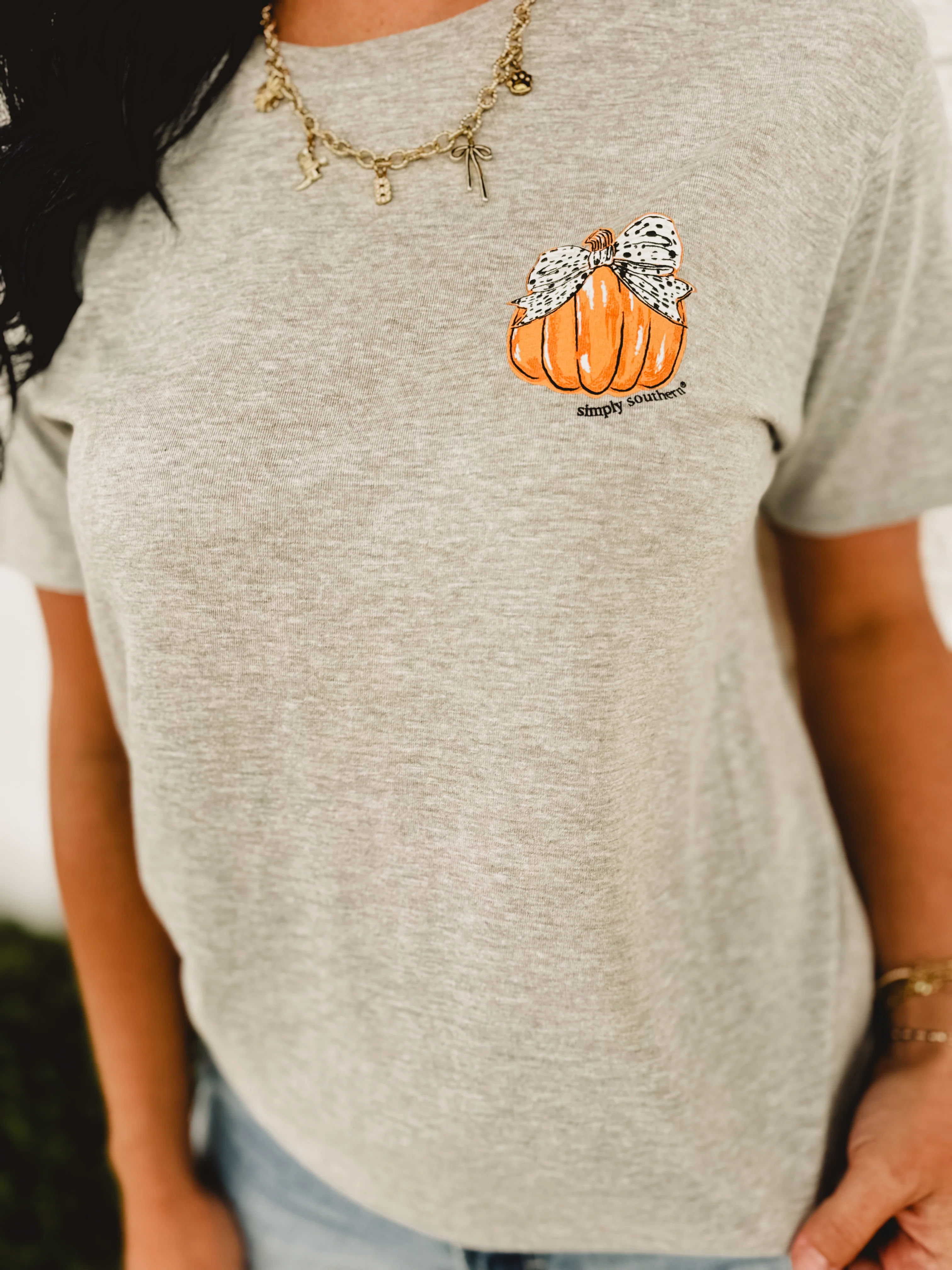 Pumpkin Bow Graphic Tee - Grey