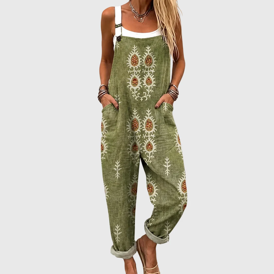 Relaxed Boho Style Olive Green Overalls - greatdealsin