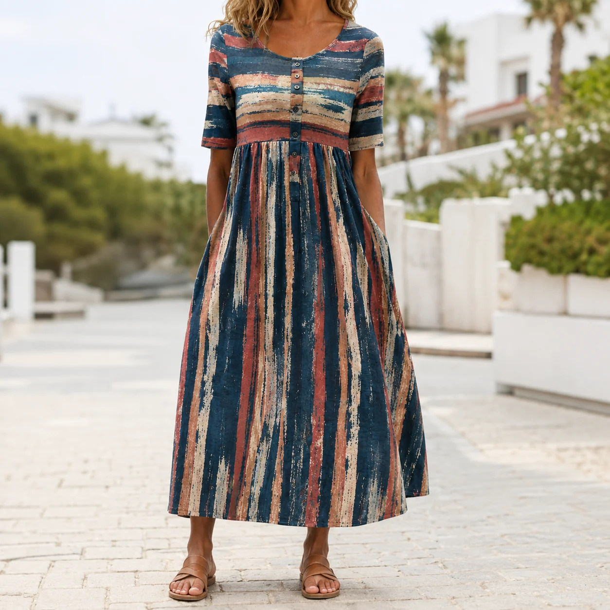 HOLLY ELEGANT STRIPED TUMMY-COVERAGE MIDI DRESS - greatdealsin