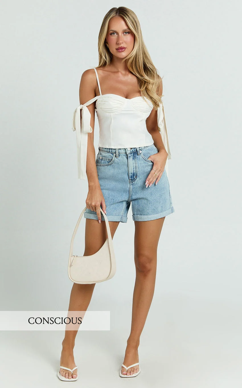 Cristiana Shorts - High Waisted Cuffed Denim in Light Blue Wash - greatdealsin