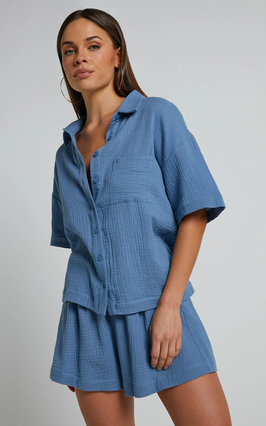 Donita Shorts - Elastic Waist Shorts in Azure Blue - greatdealsin