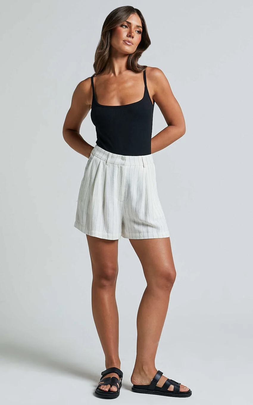 Manon Shorts - Linen Tailored Pinstripe Shorts in White - greatdealsin