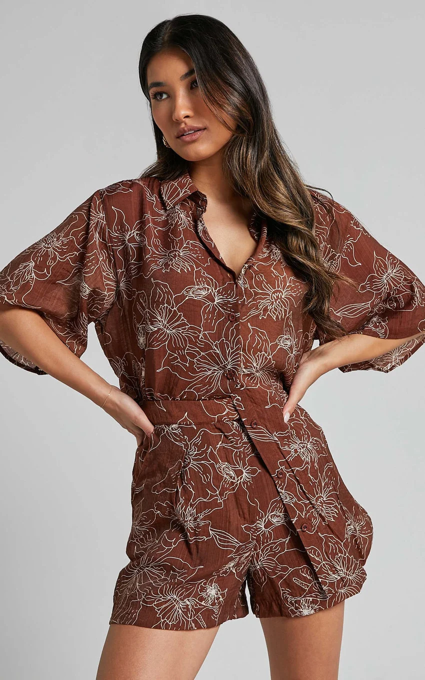 Alofi Shorts - High Waisted Tailored Soft Shorts in Brown Floral - greatdealsin