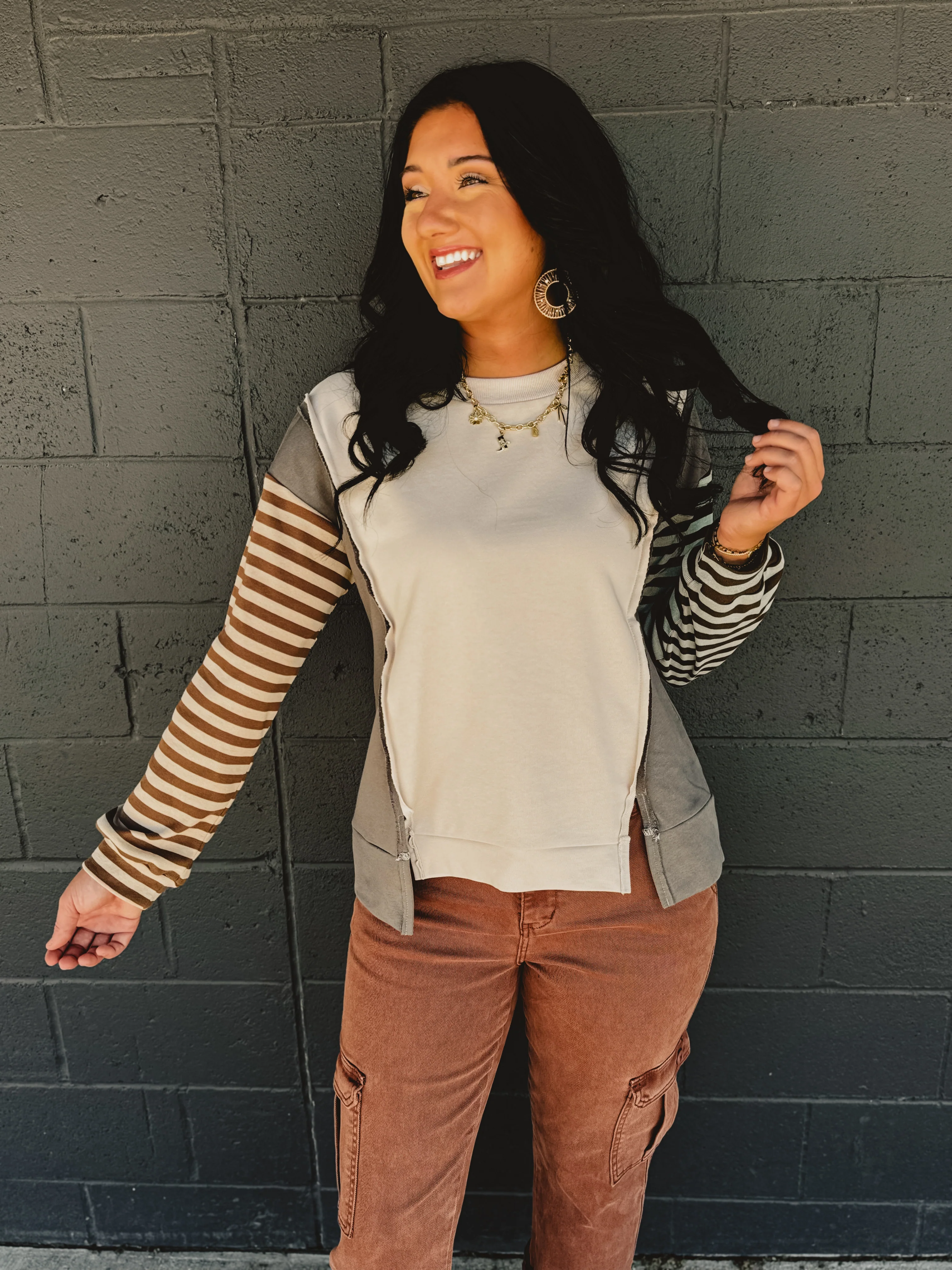 Color Block Striped Sleeve Top - Ecru/Olive