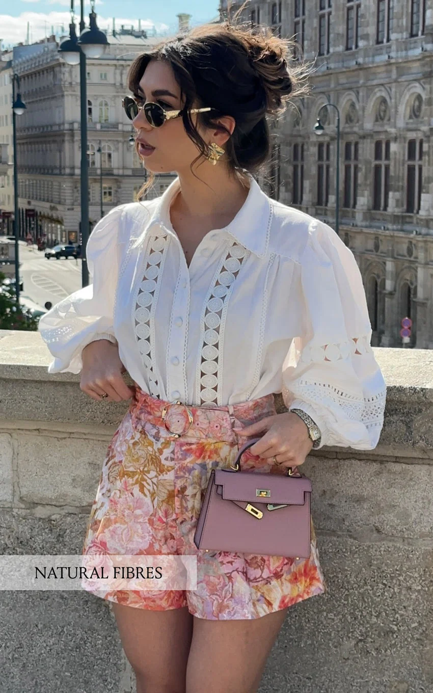 Amalie The Label - Noemie Linen Blend High Waisted Belted Tailored Shorts in Morocco Print - greatdealsin