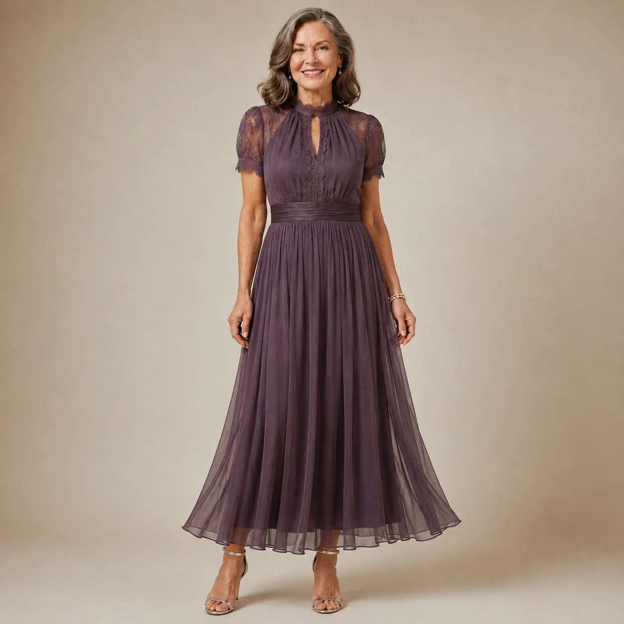 FLAVIA Long Violet Lace Dress Elegant Silhouette Special Occasion - greatdealsin
