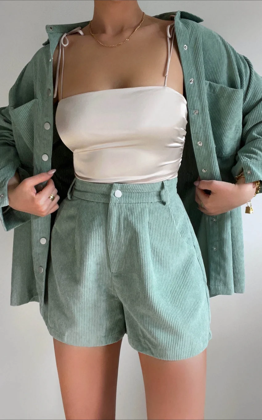 Tovil Shorts - High Waisted Corduroy Shorts in Sage - greatdealsin