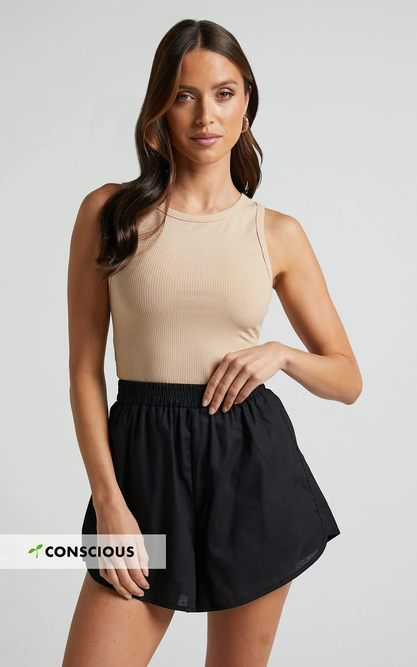 Cartia Short - Linen Look Elasticated Curved Hem Soft Shorts in Black - greatdealsin