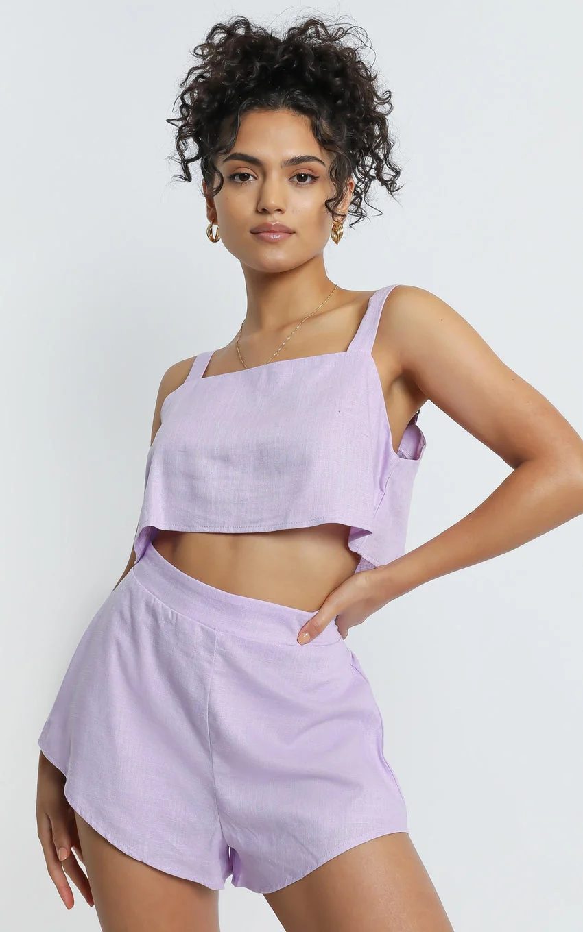 Zanrie Square Neck Crop Top and High Waist Mini Flare Shorts in Lilac Linen Look - greatdealsin