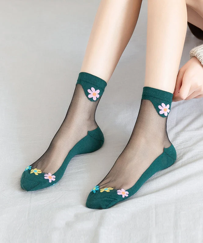 Boutique Floral Jacquard Cotton Ice Silk Crystal Crew Socks - greatdealsin