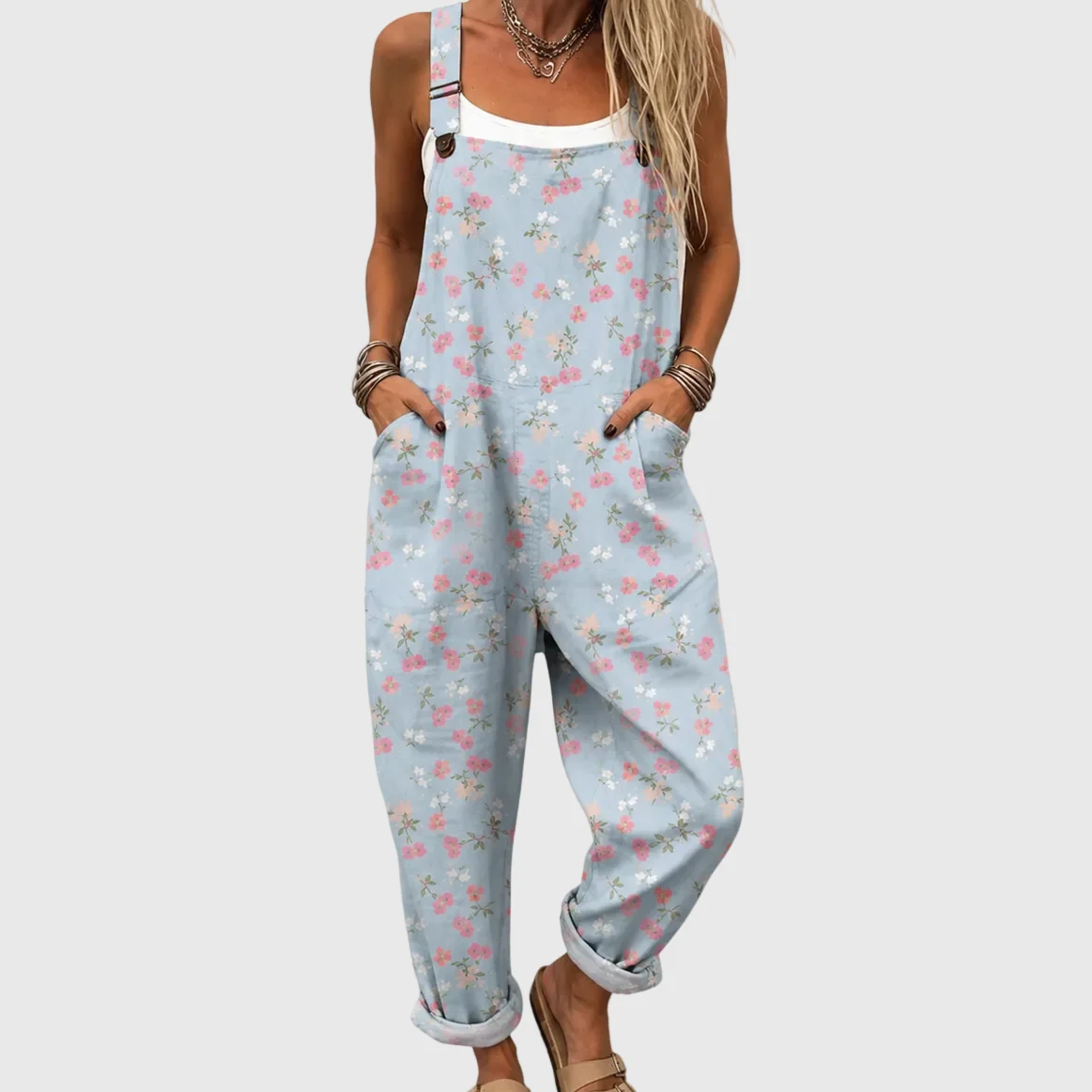Soft Blue Jumpsuit with Floral Pattern - greatdealsin