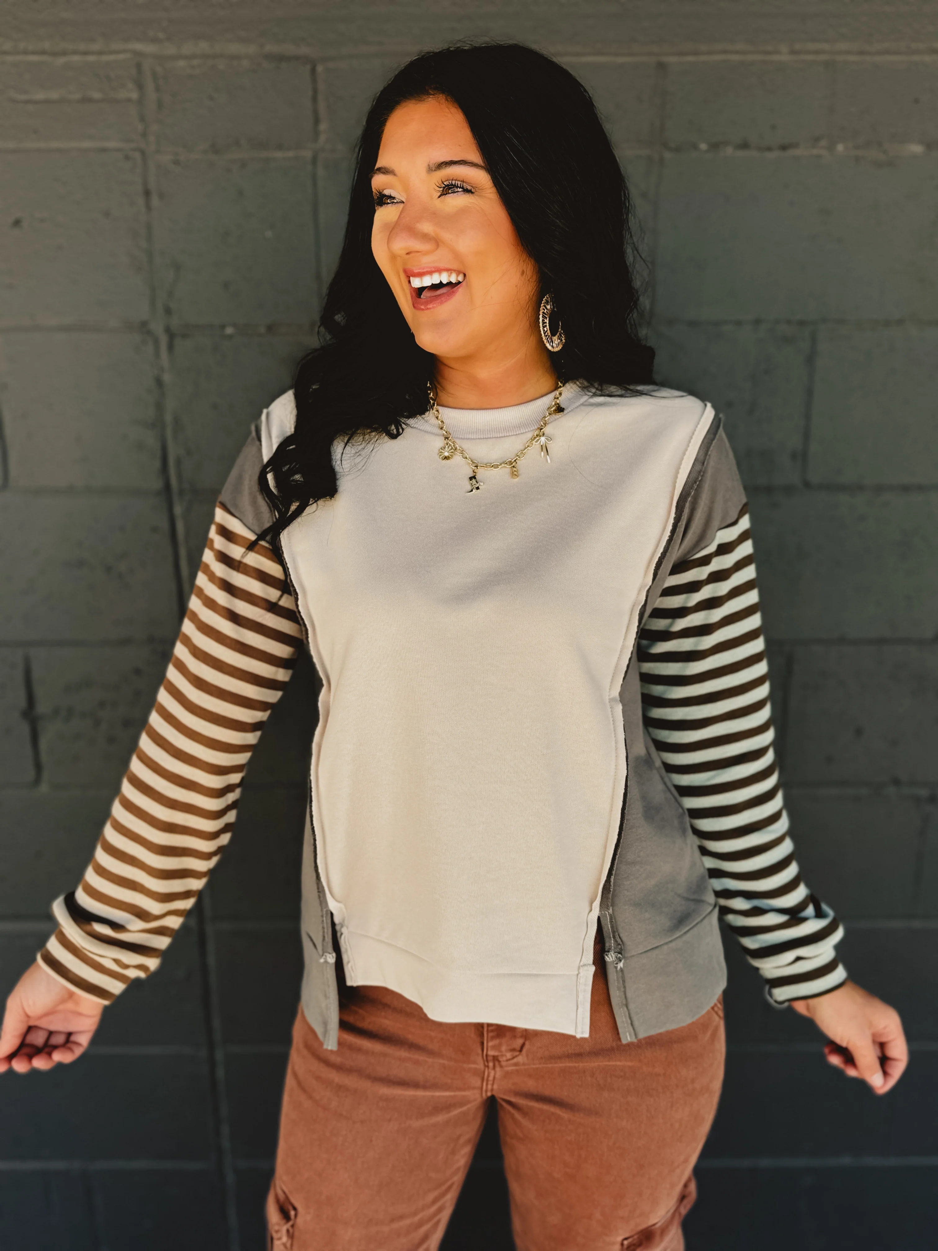 Color Block Striped Sleeve Top - Ecru/Olive