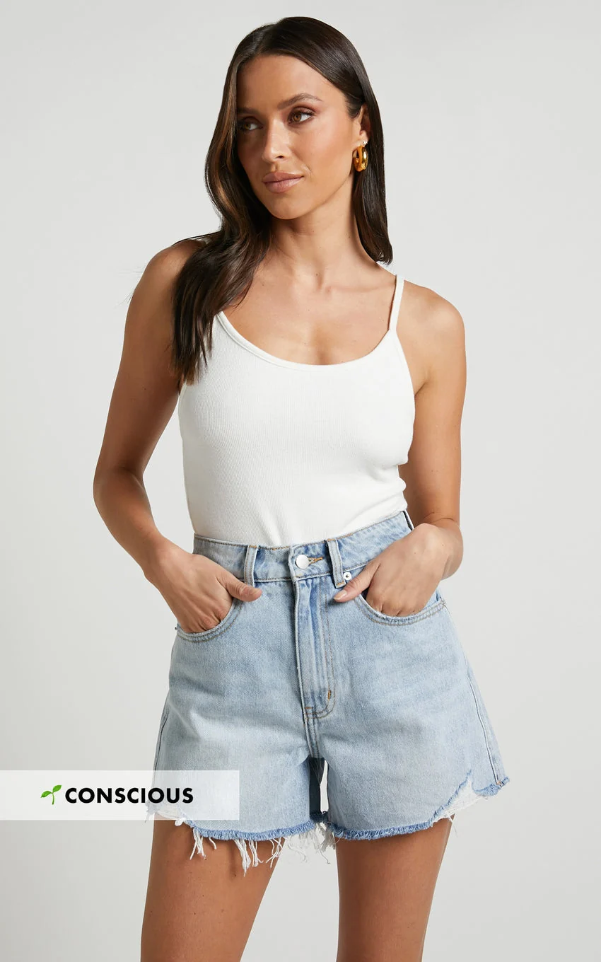 Eloisa Shorts - Recycled Cotton Raw Hem Denim Shorts in Mid Blue Wash - greatdealsin