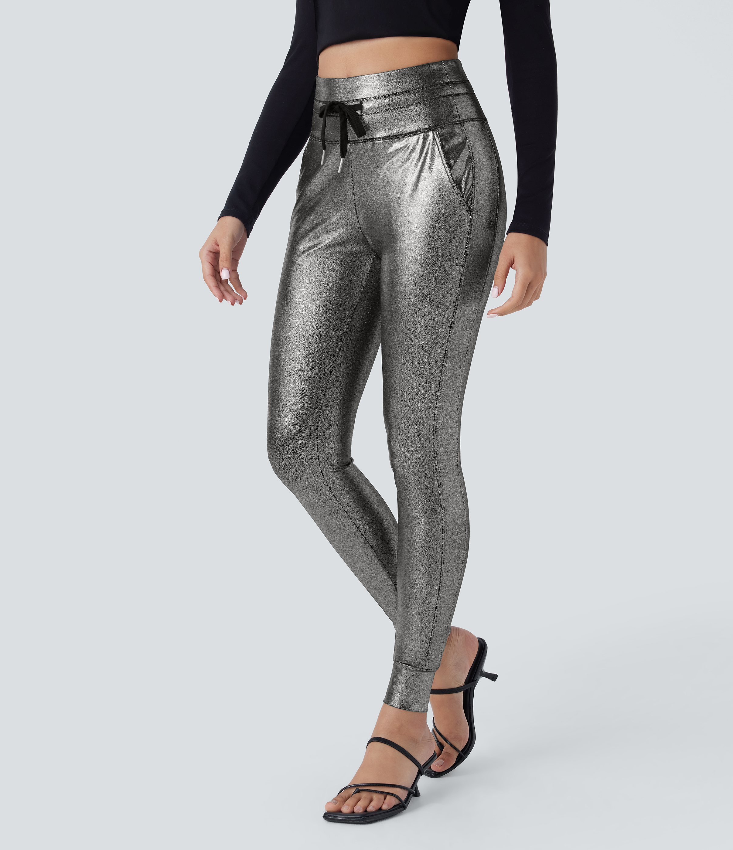 Faux Leather High Waisted Drawstring Pocket Metallic Foil Print Stretchy Joggers