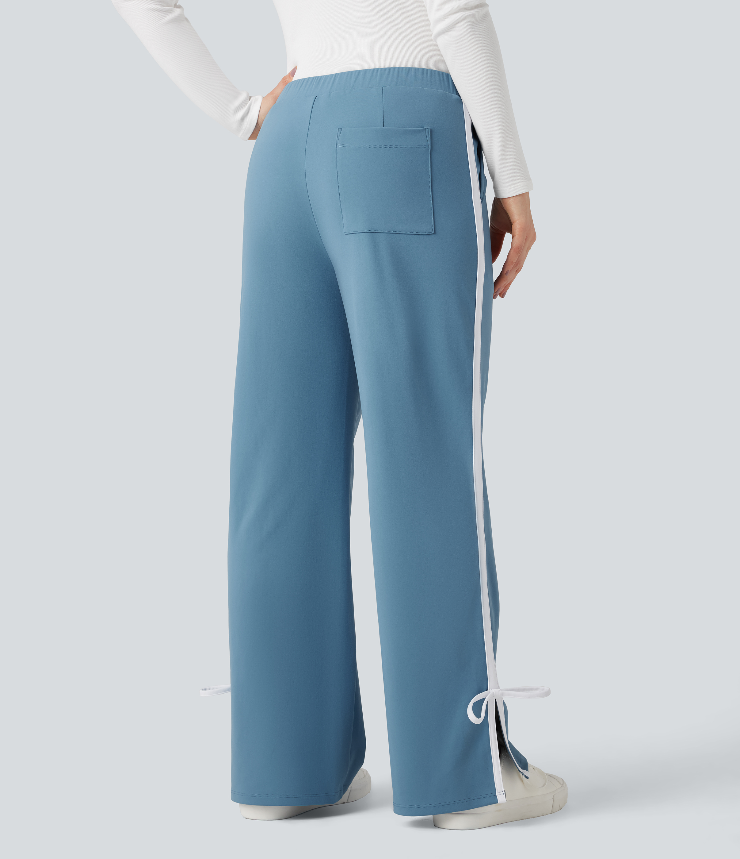 Mid Rise Side Stripe Split Bow Casual Straight-leg Pants with Pockets