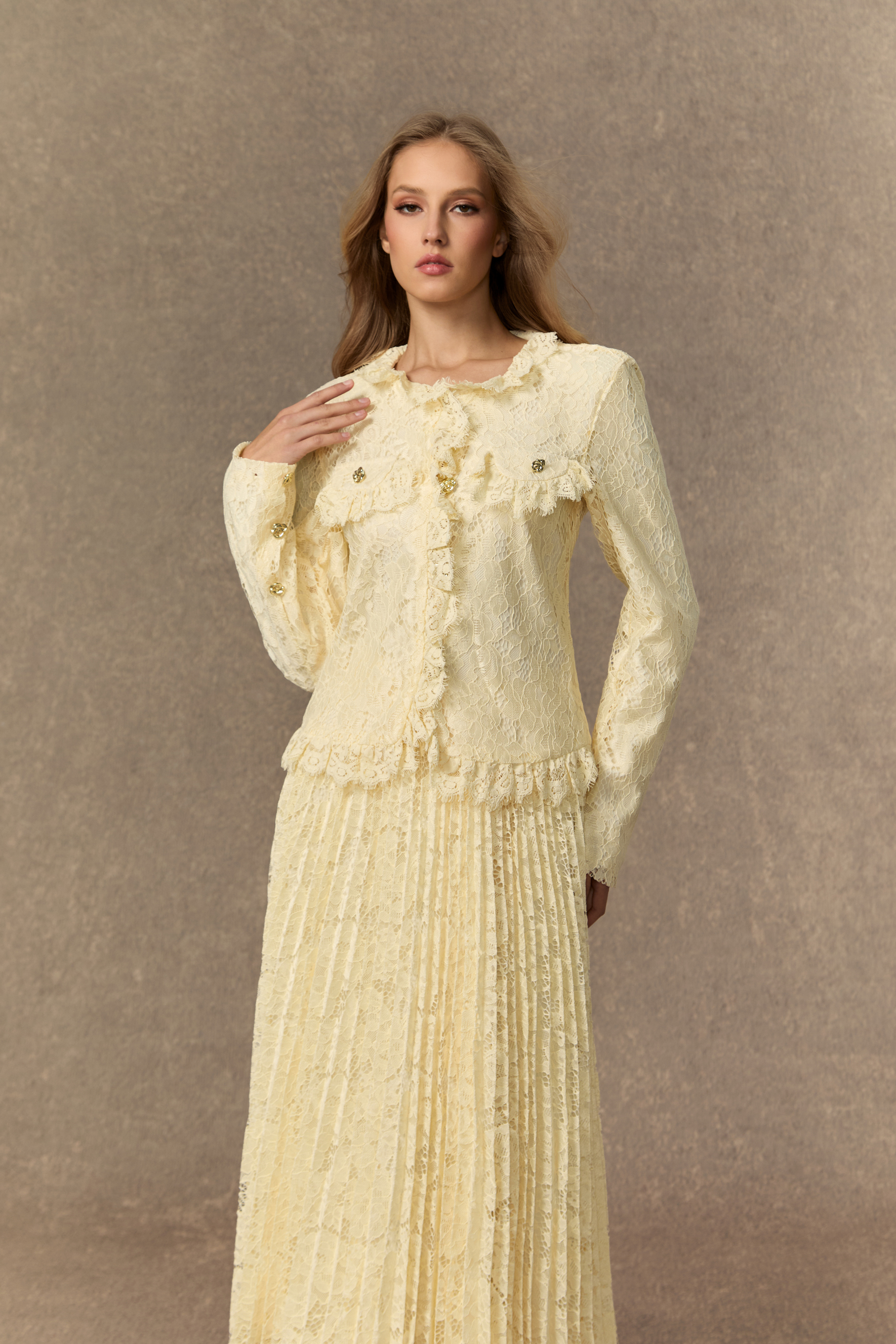 Beige Floral Lace Ruffle Jacket & Pleated Skirt Set