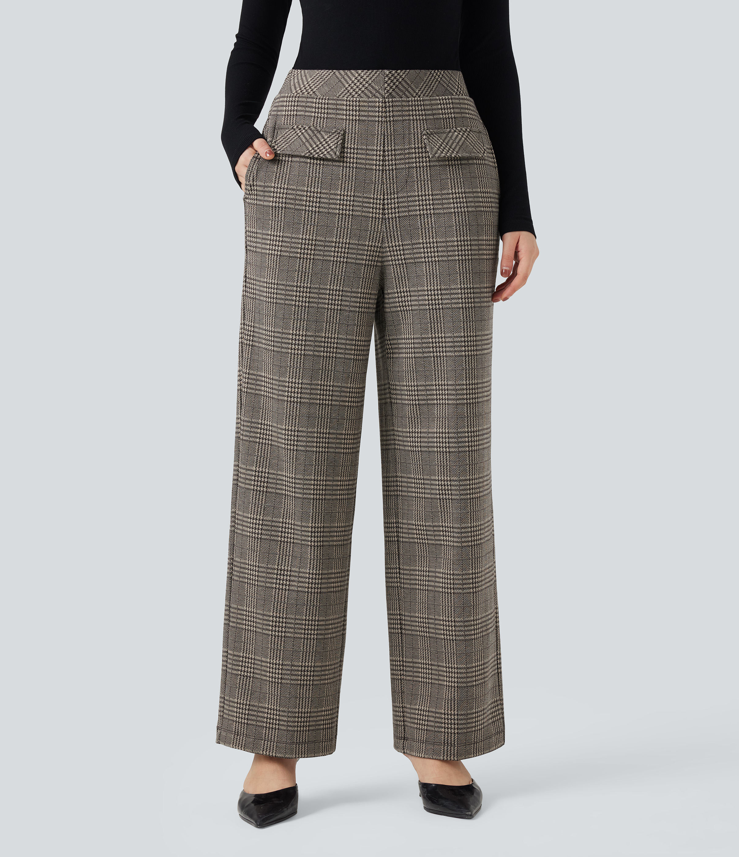 High Waisted Straight Leg Houndstooth Plaid Work Pants with Pockets