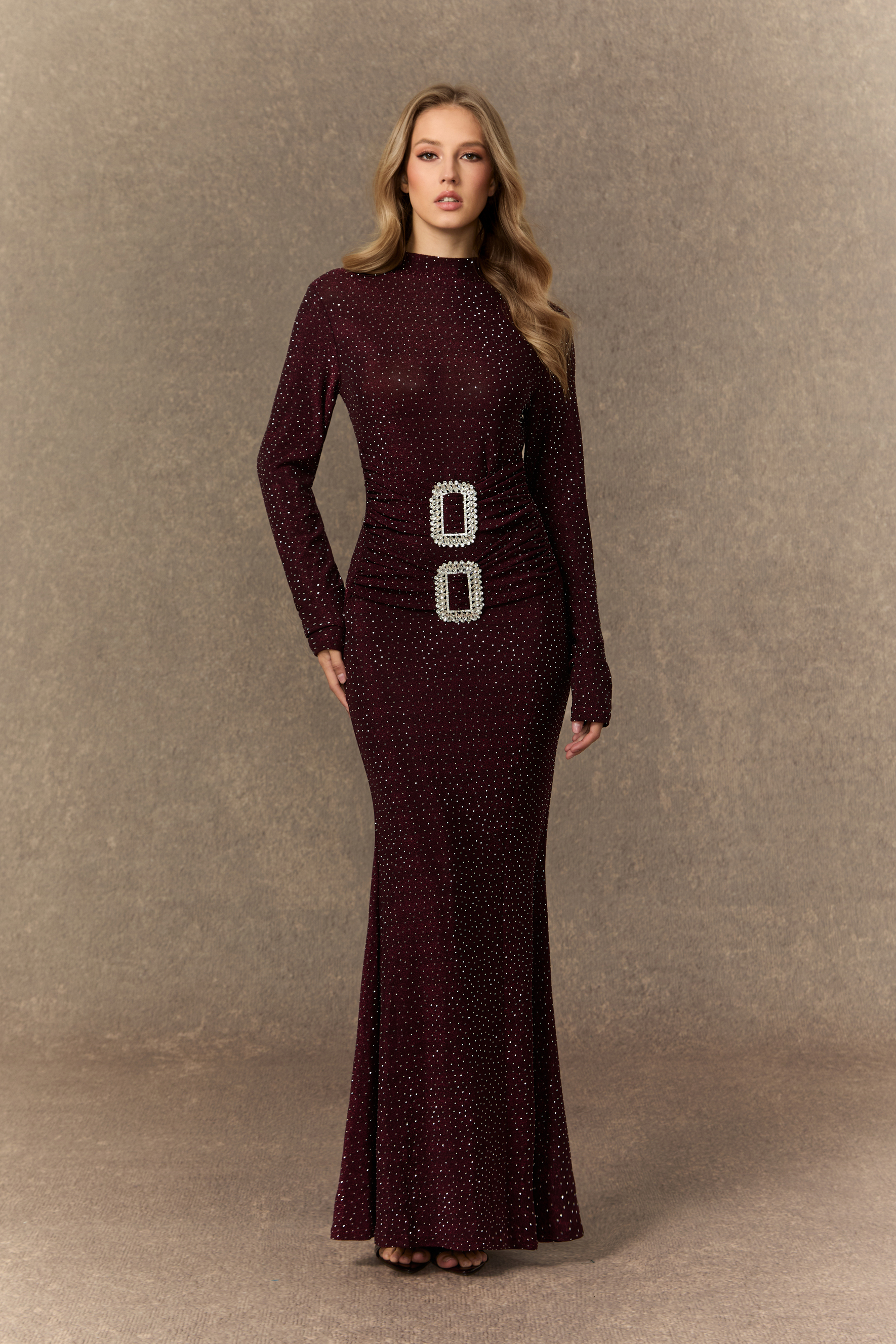 Sensational Burgundy Crystal Buckle Maxi Dress