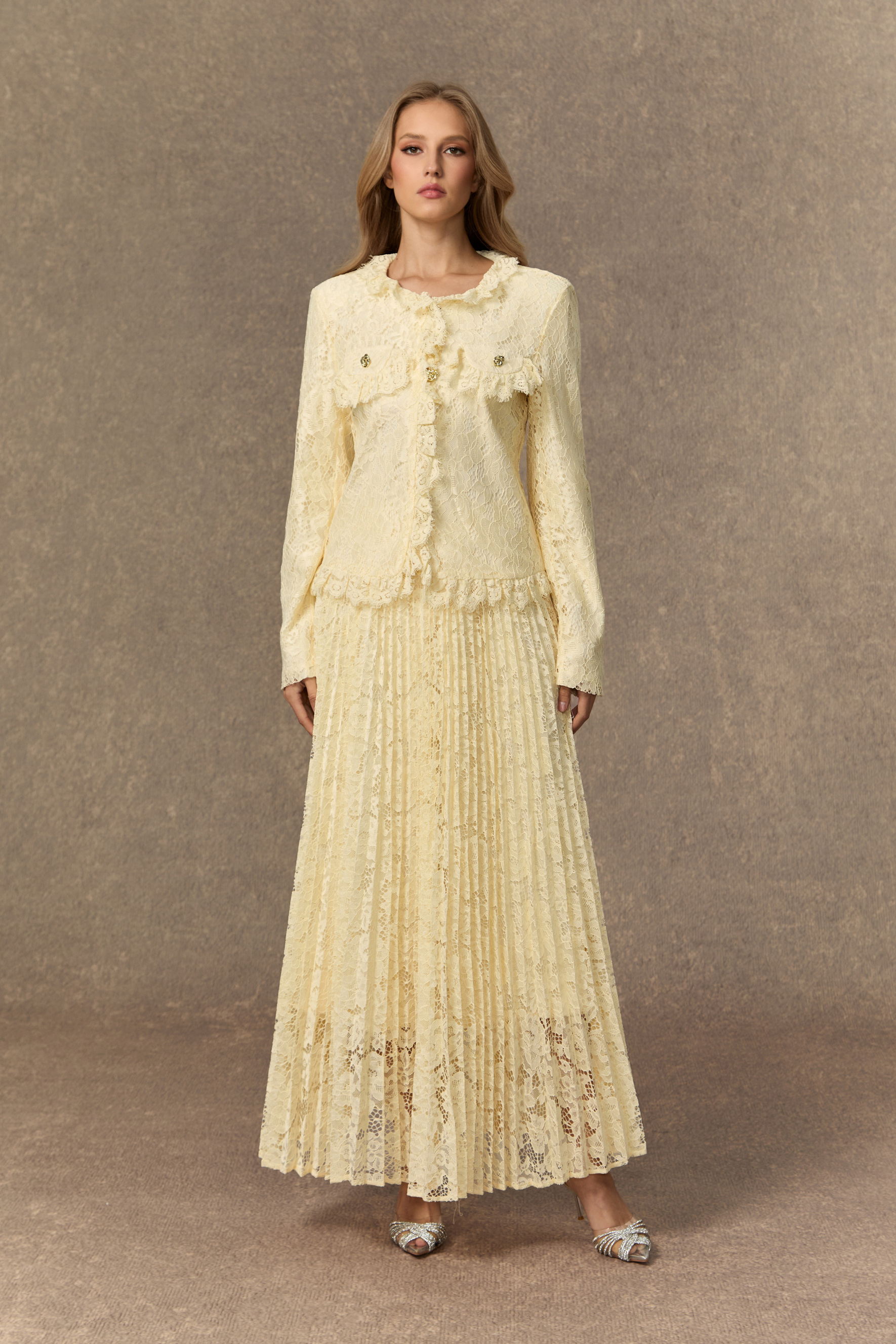 Beige Floral Lace Ruffle Jacket & Pleated Skirt Set