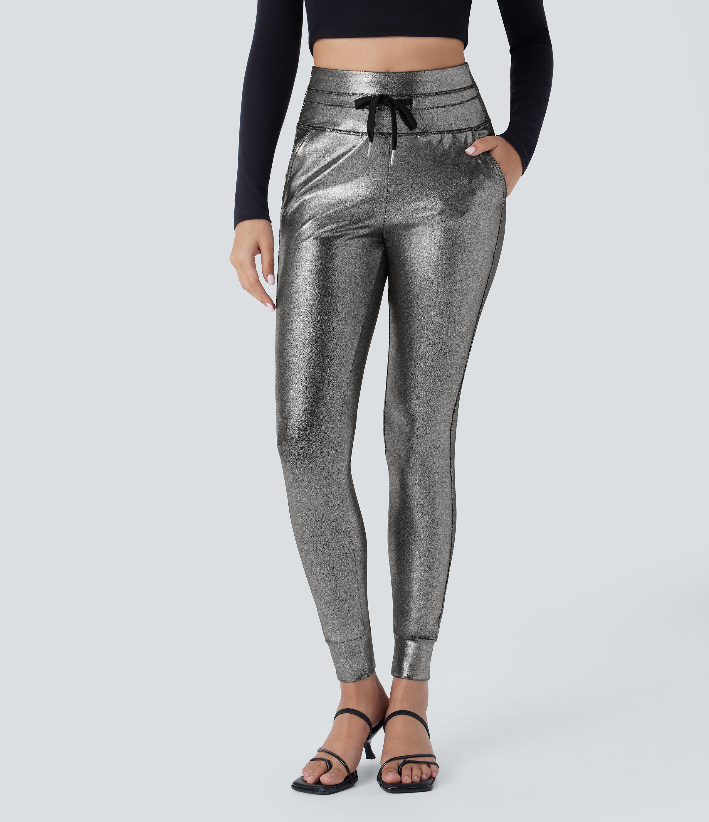 Faux Leather High Waisted Drawstring Pocket Metallic Foil Print Stretchy Joggers