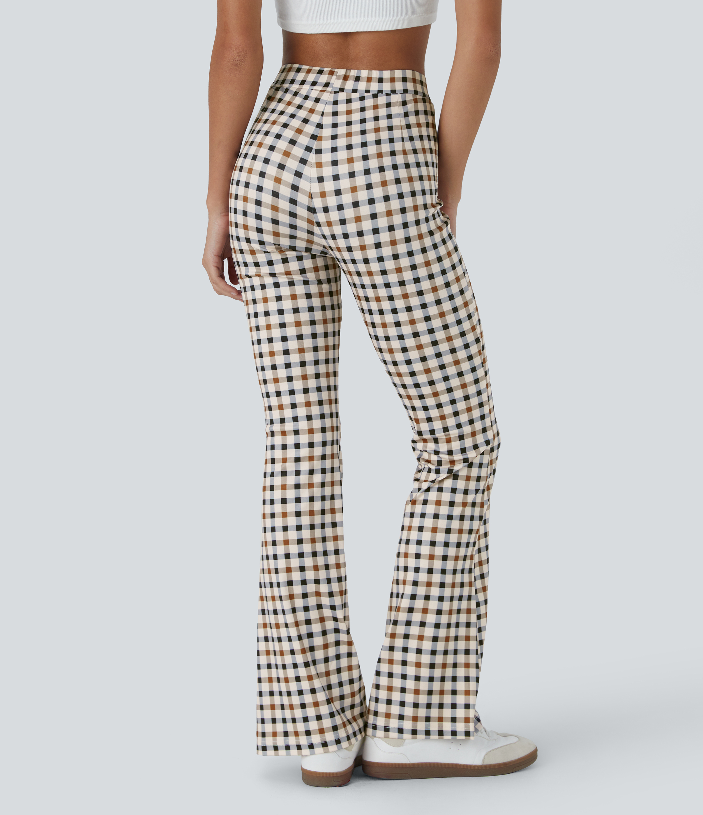 High Waisted Plaid Flare Casual Pants