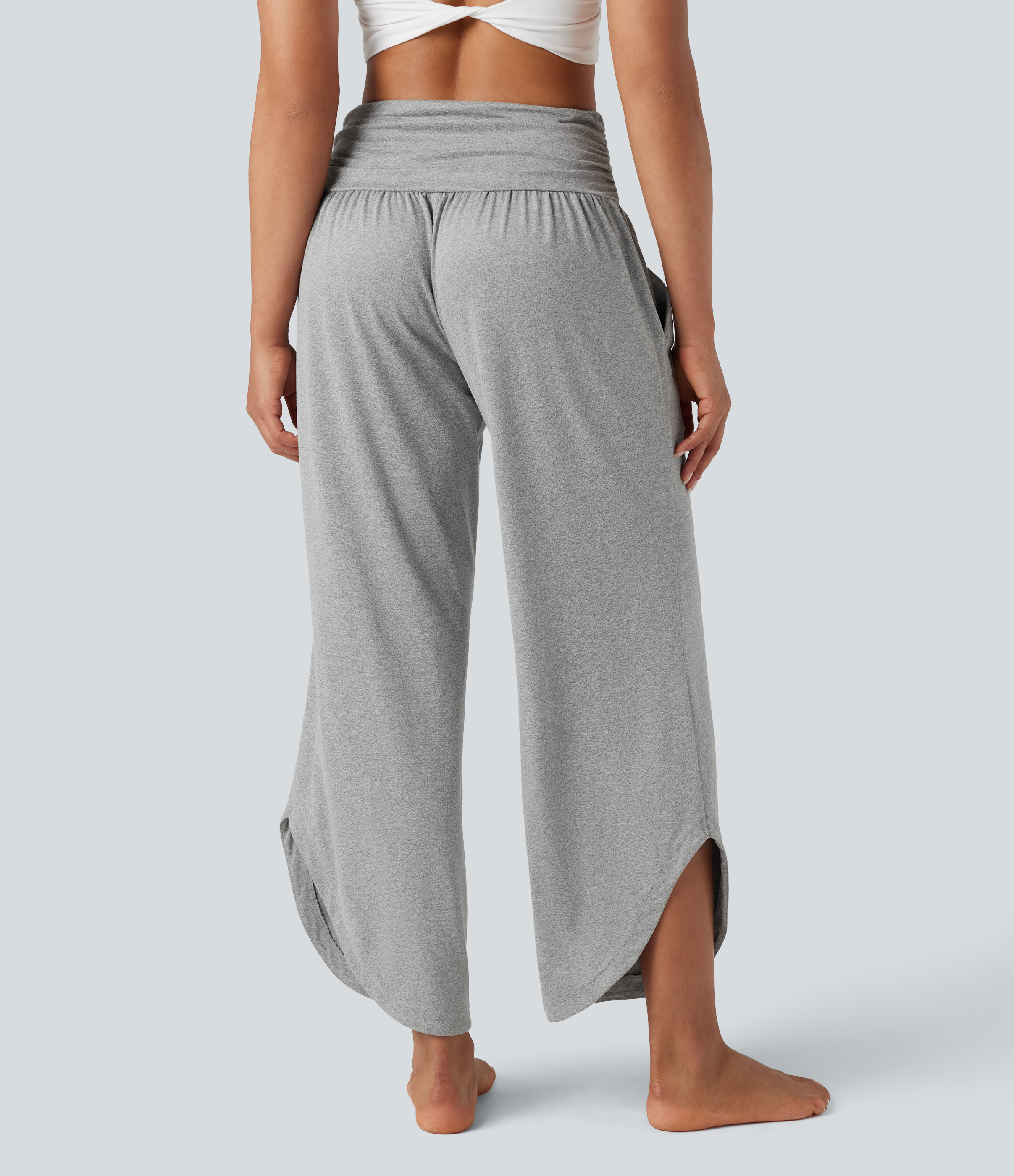 Mid Rise Ruched Curved Hem Heathered Yoga Wide Leg Pants with Pockets