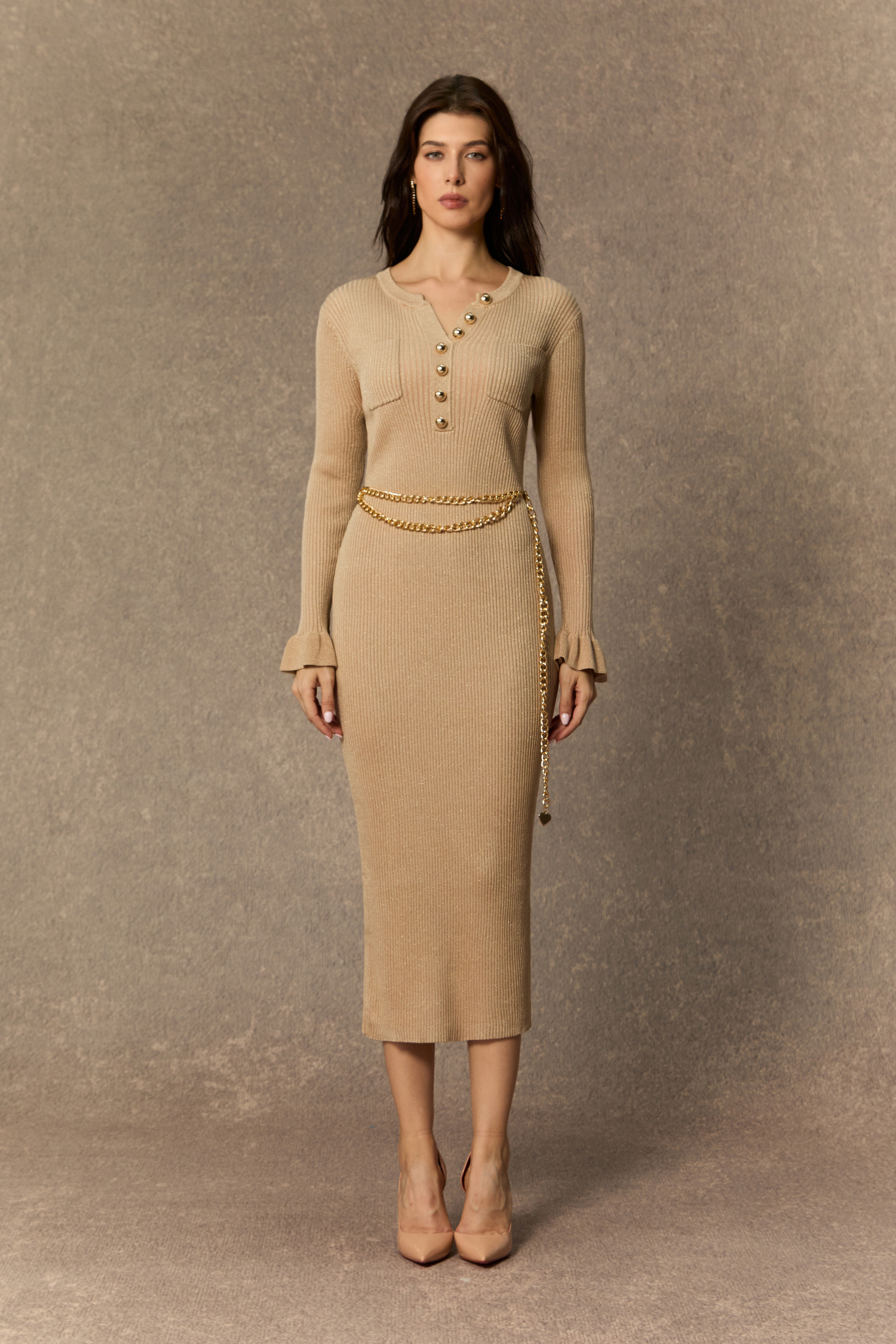 Beige Ruffled Cuff Knit Midi Dress