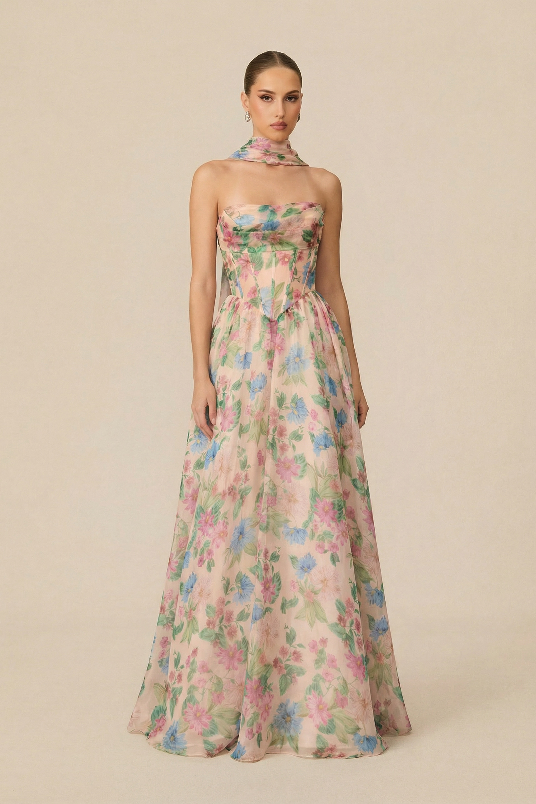 Multi Floral Print Corset Maxi Dress