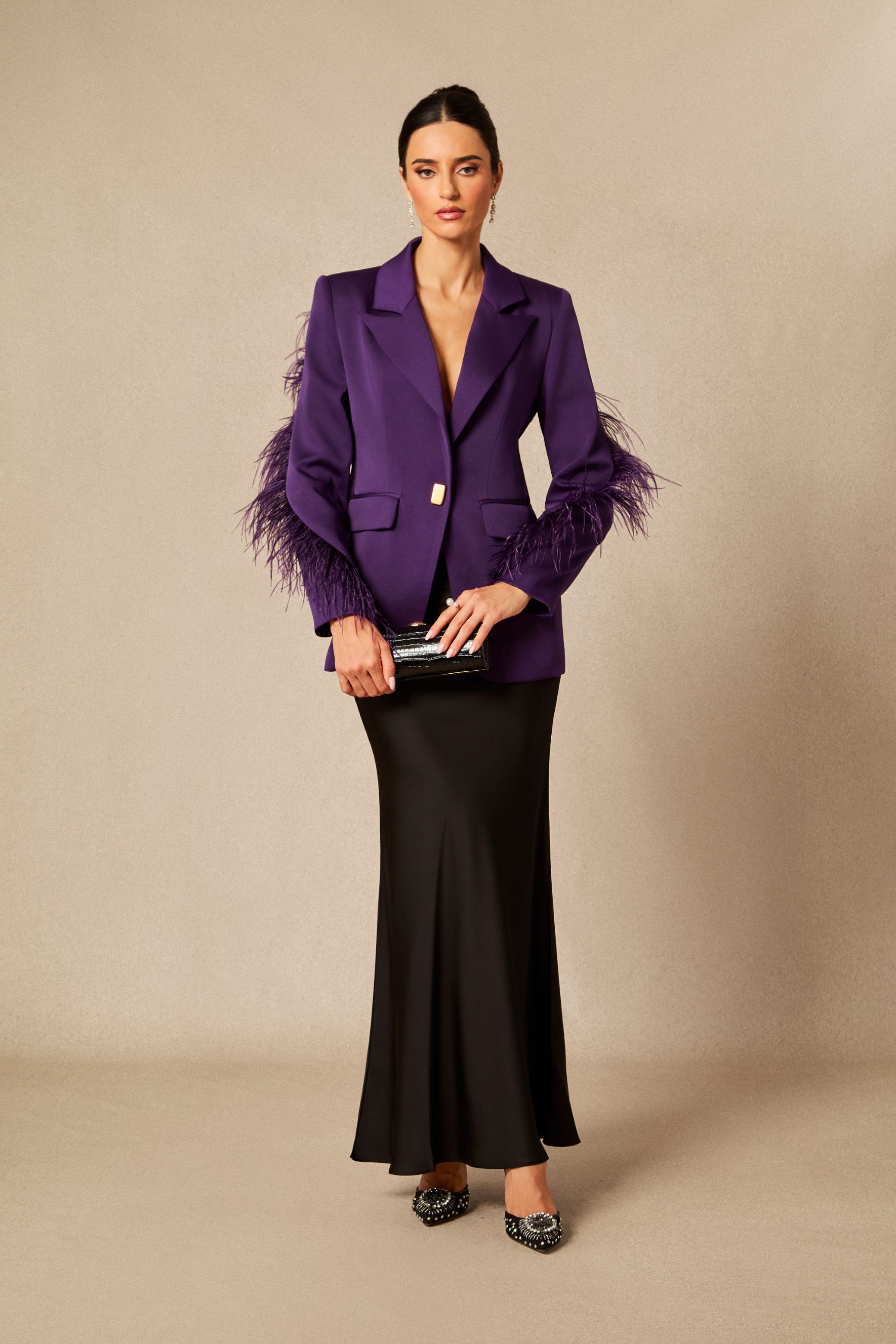 Feather Trim Single Breasted Blazer