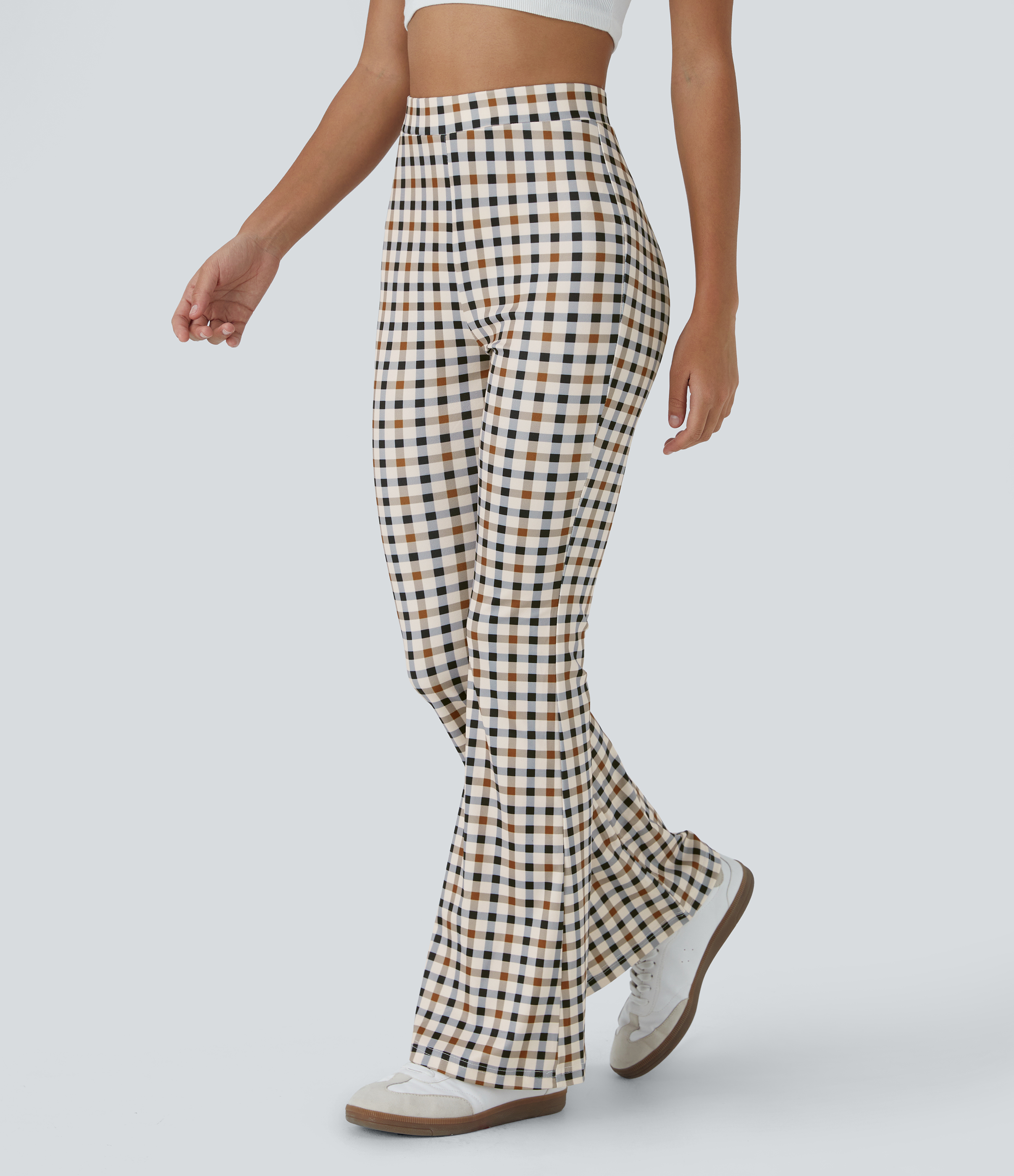 High Waisted Plaid Flare Casual Pants
