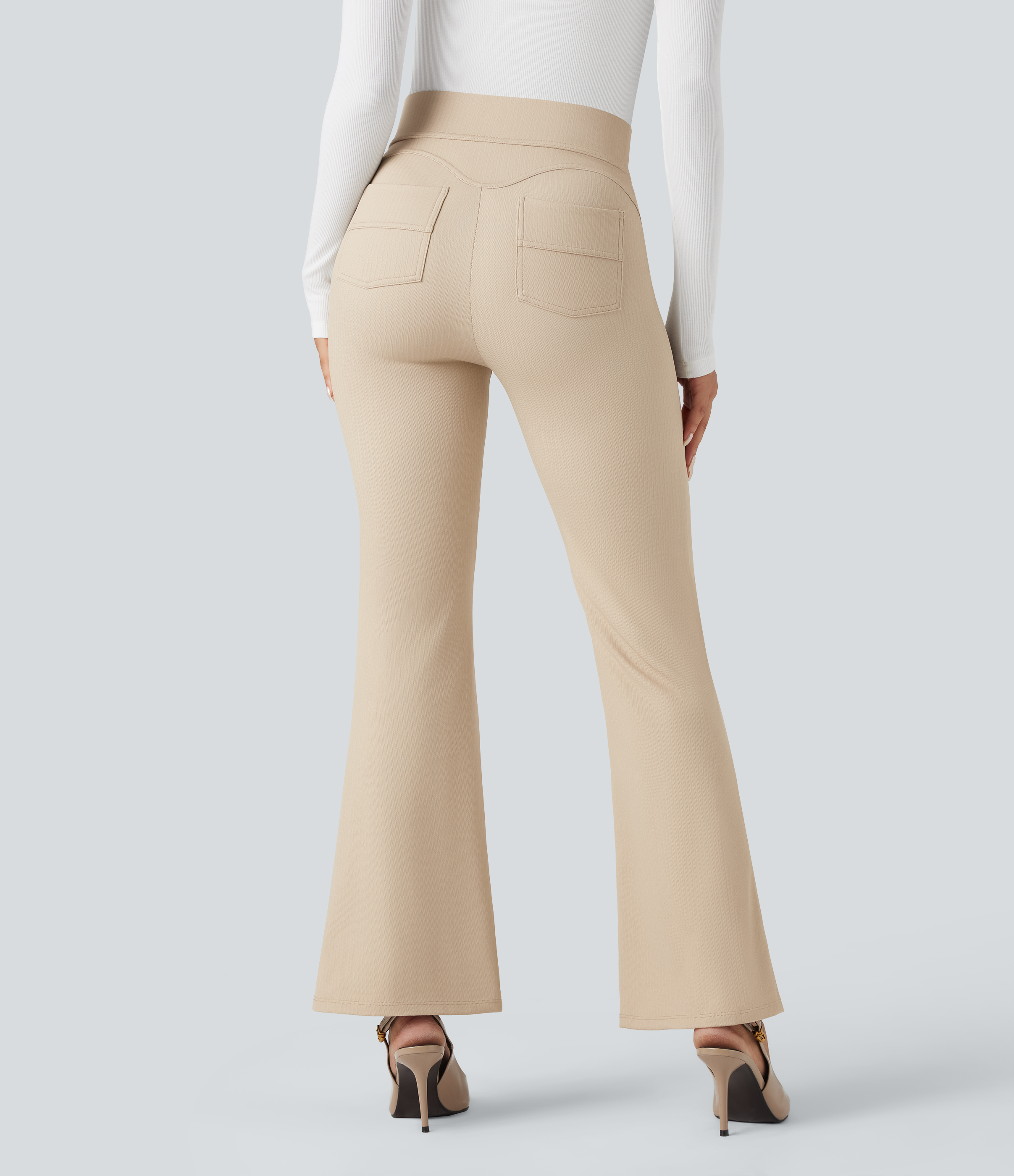 High Waisted Tummy Control Herringbone Work Flare Pants with Pockets