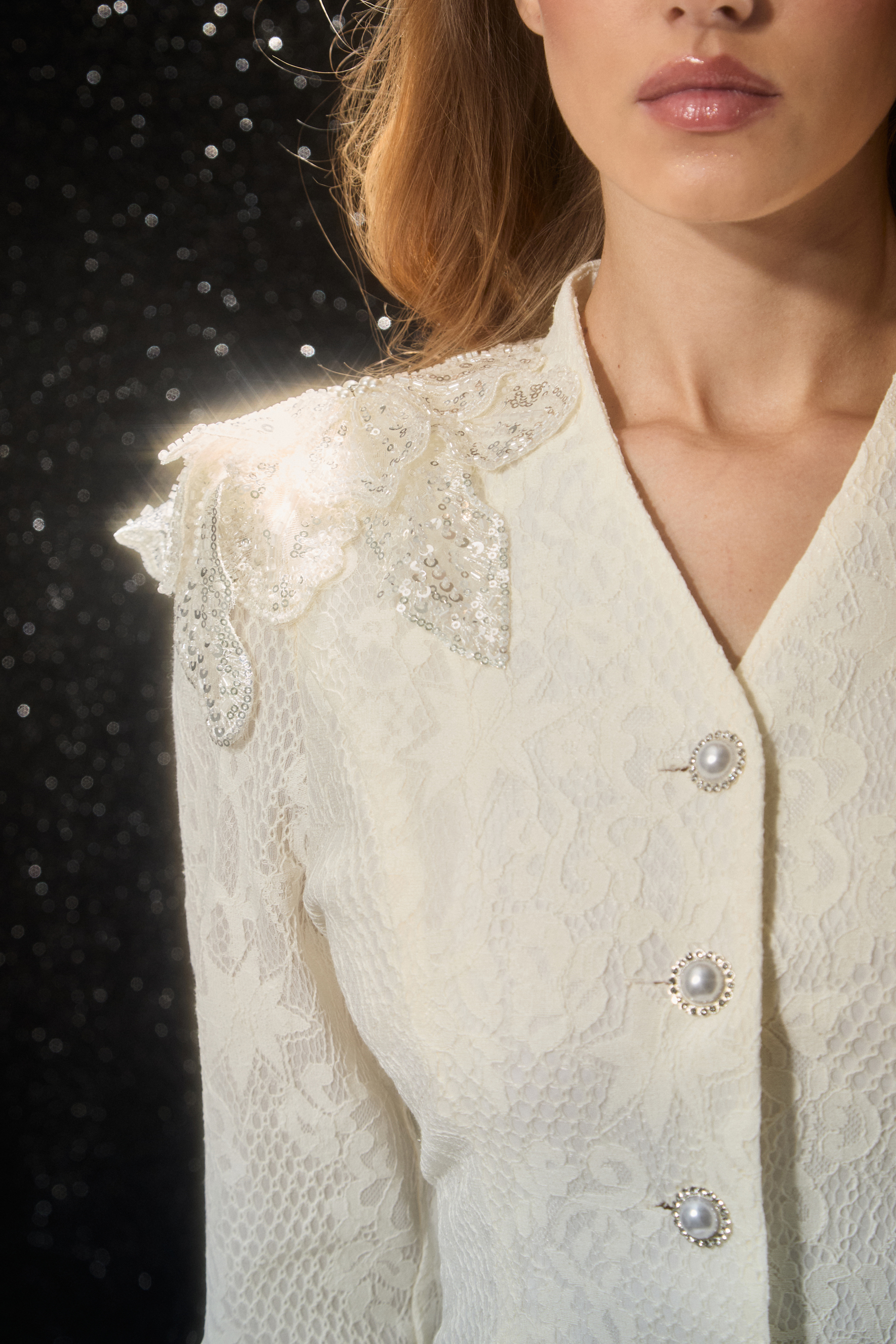 White V-Neck Embroidered Lace Jacket & Skirt Set
