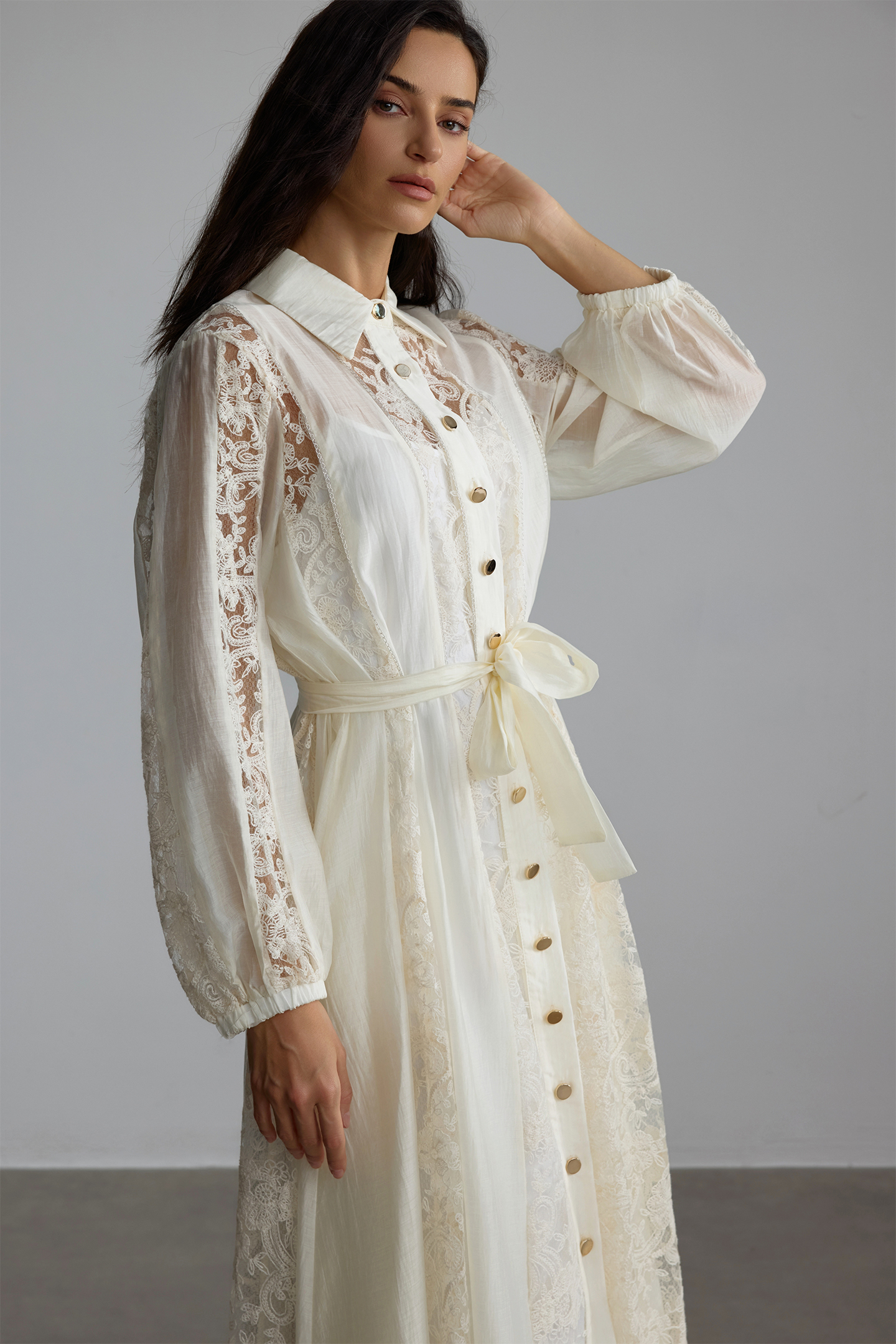 Shirt Collar Sheer Lace Midi Dress