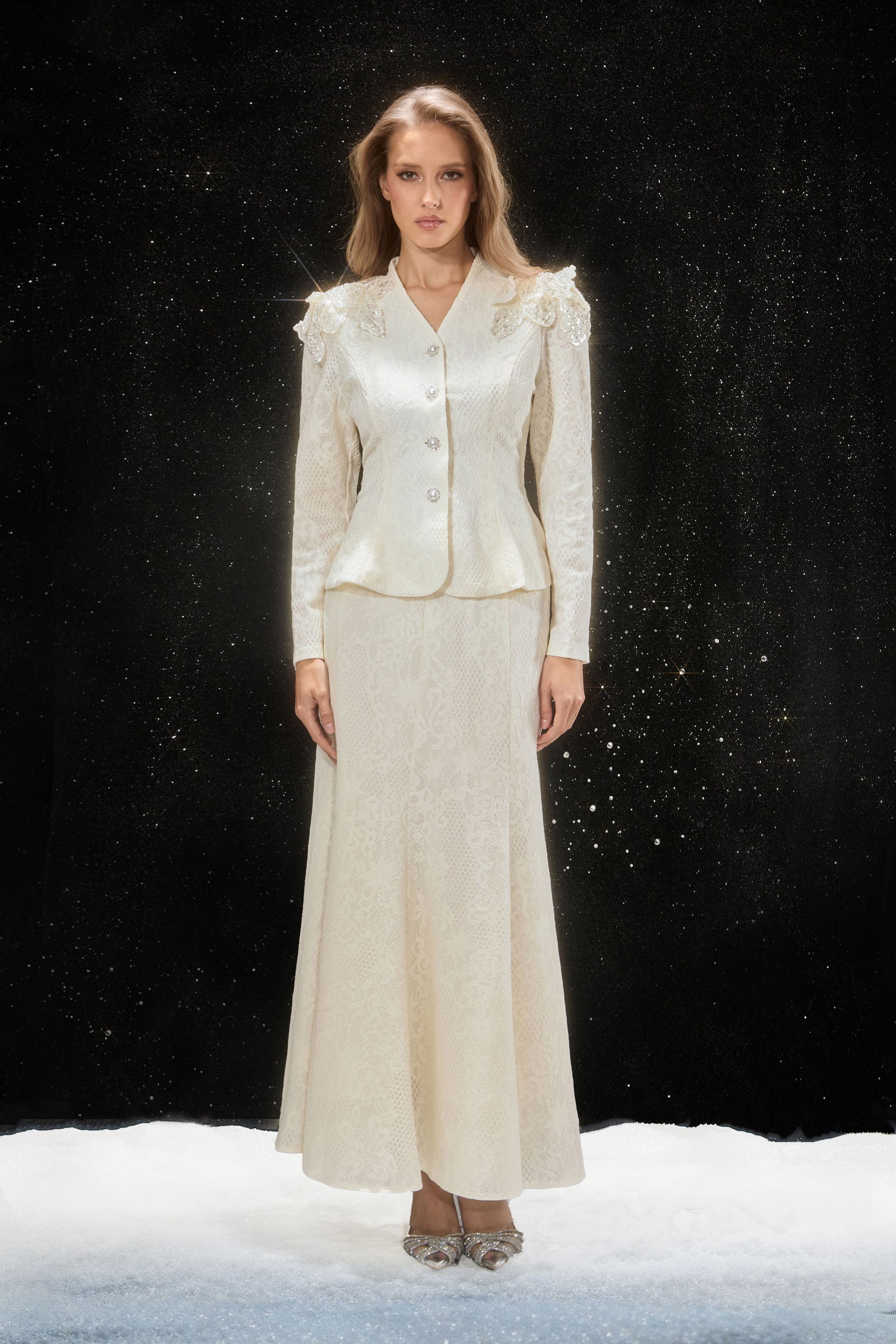 White V-Neck Embroidered Lace Jacket & Skirt Set