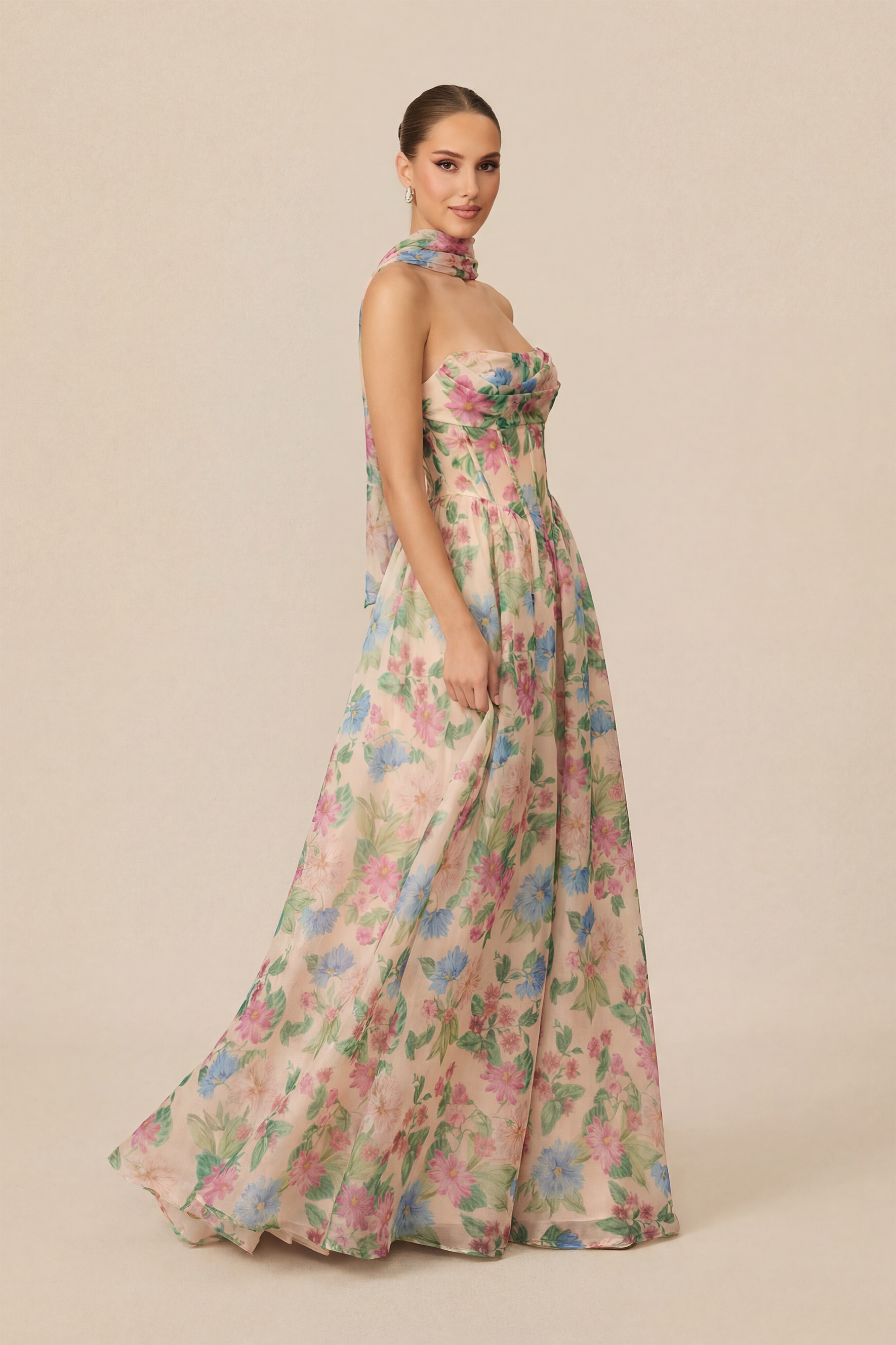 Multi Floral Print Corset Maxi Dress