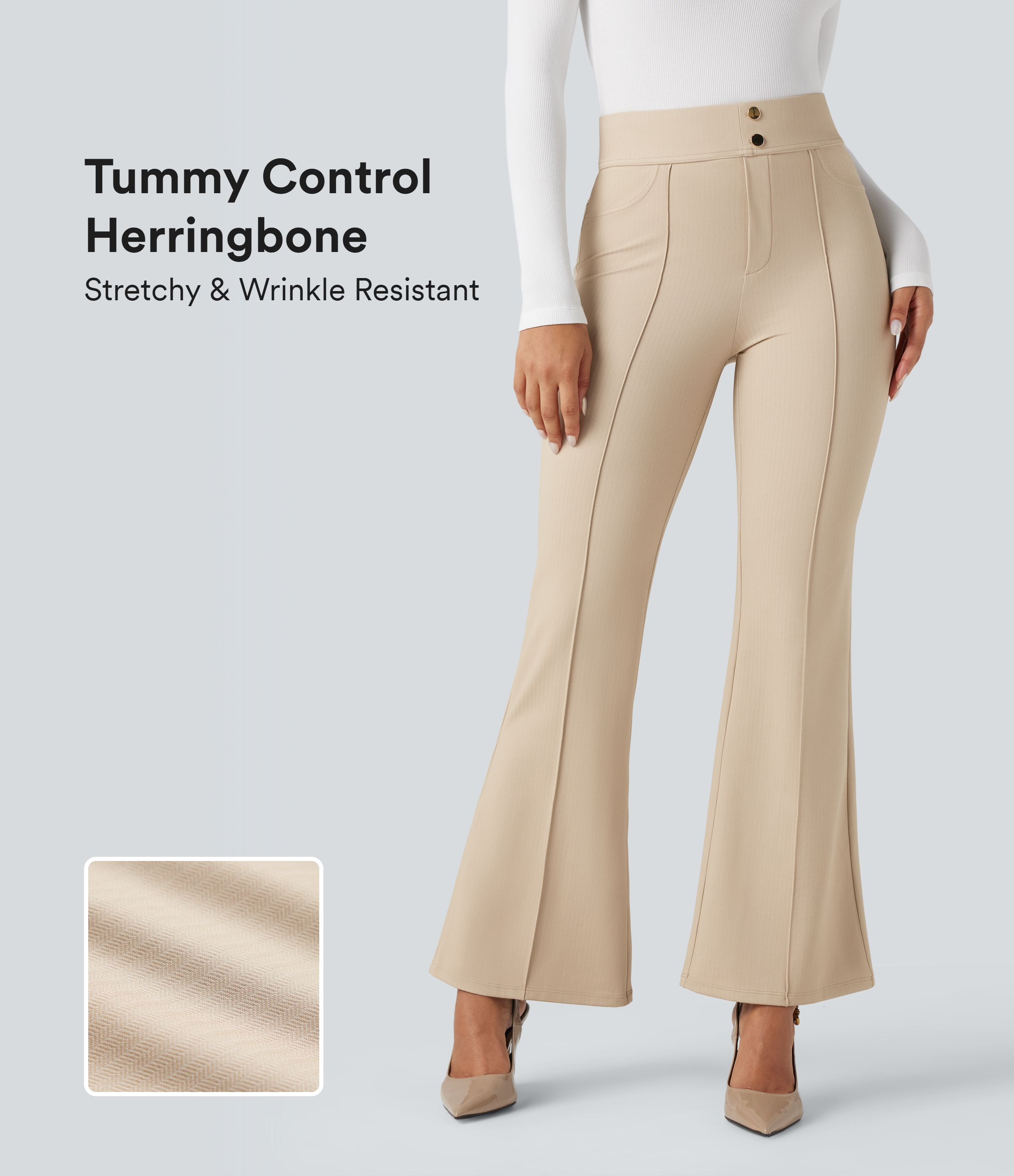 High Waisted Tummy Control Herringbone Work Flare Pants with Pockets
