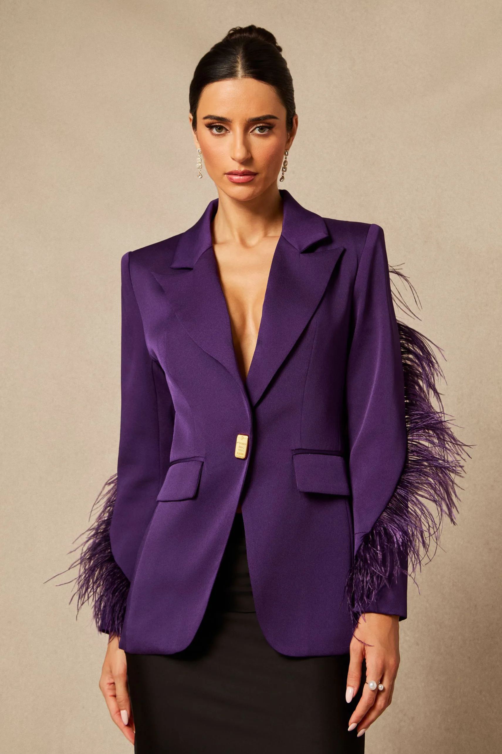 Feather Trim Single Breasted Blazer