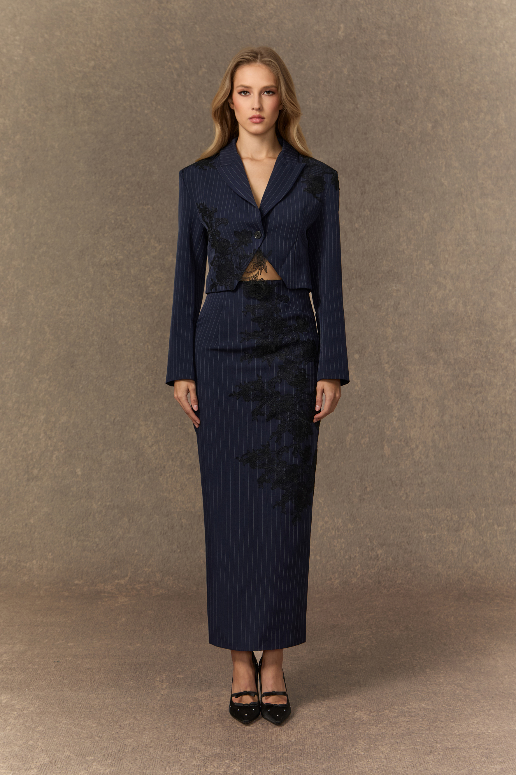 Structure Dark Blue Pinstripe Cropped Blazer & Lace Embroidered Skirt Set