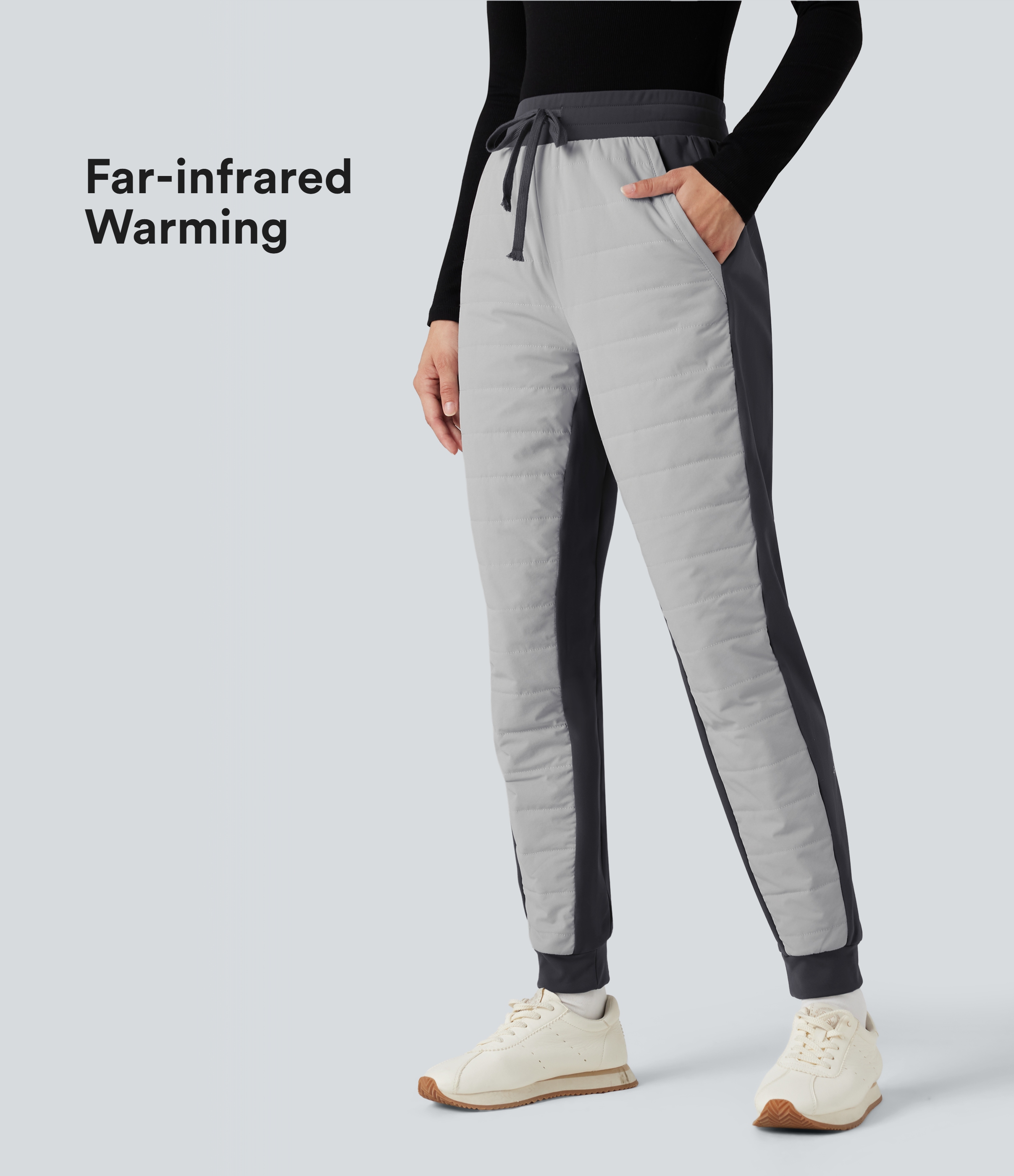 High Waisted Drawstring Color Block Fleece Hiking Quilted Joggers with Pockets