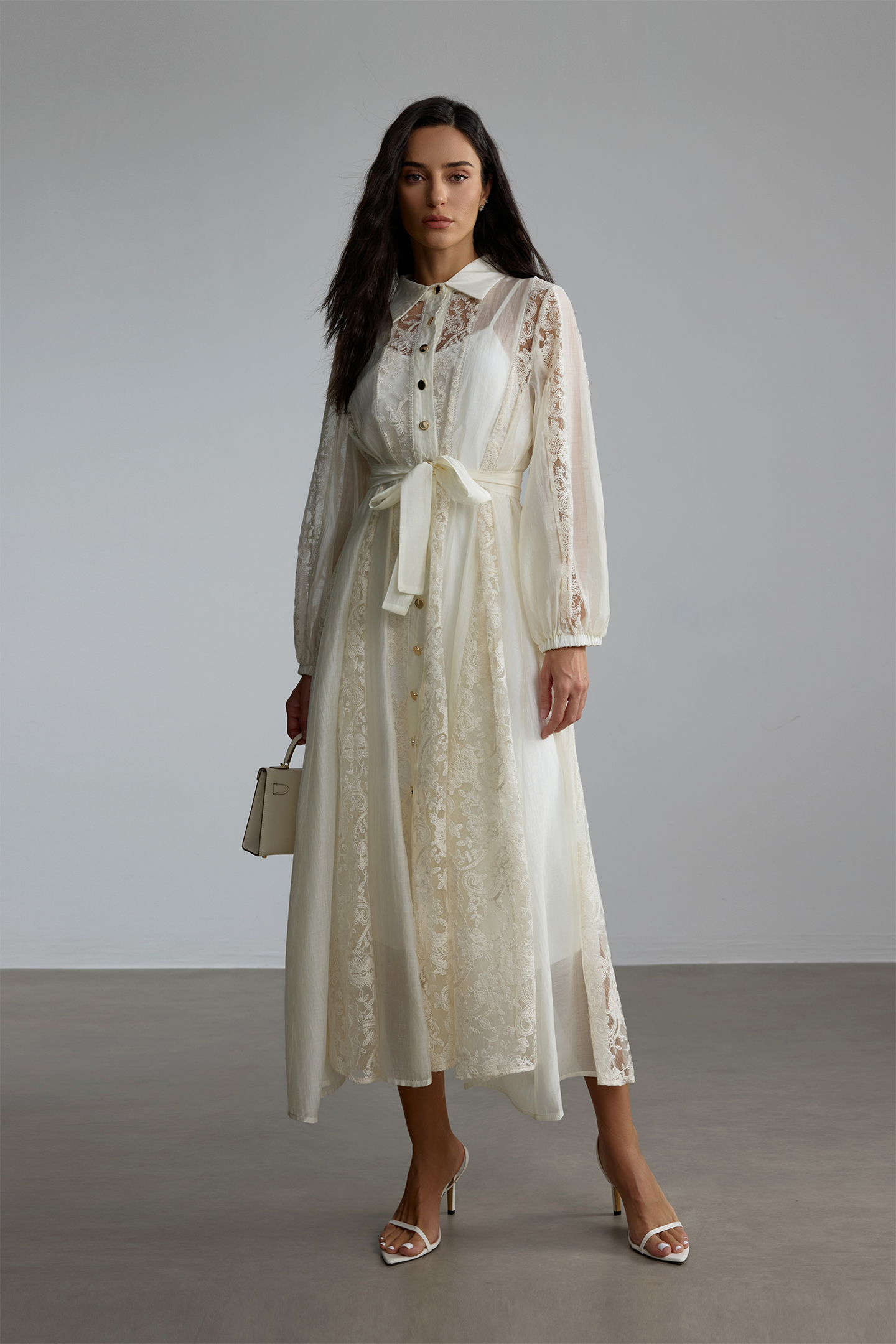 Shirt Collar Sheer Lace Midi Dress