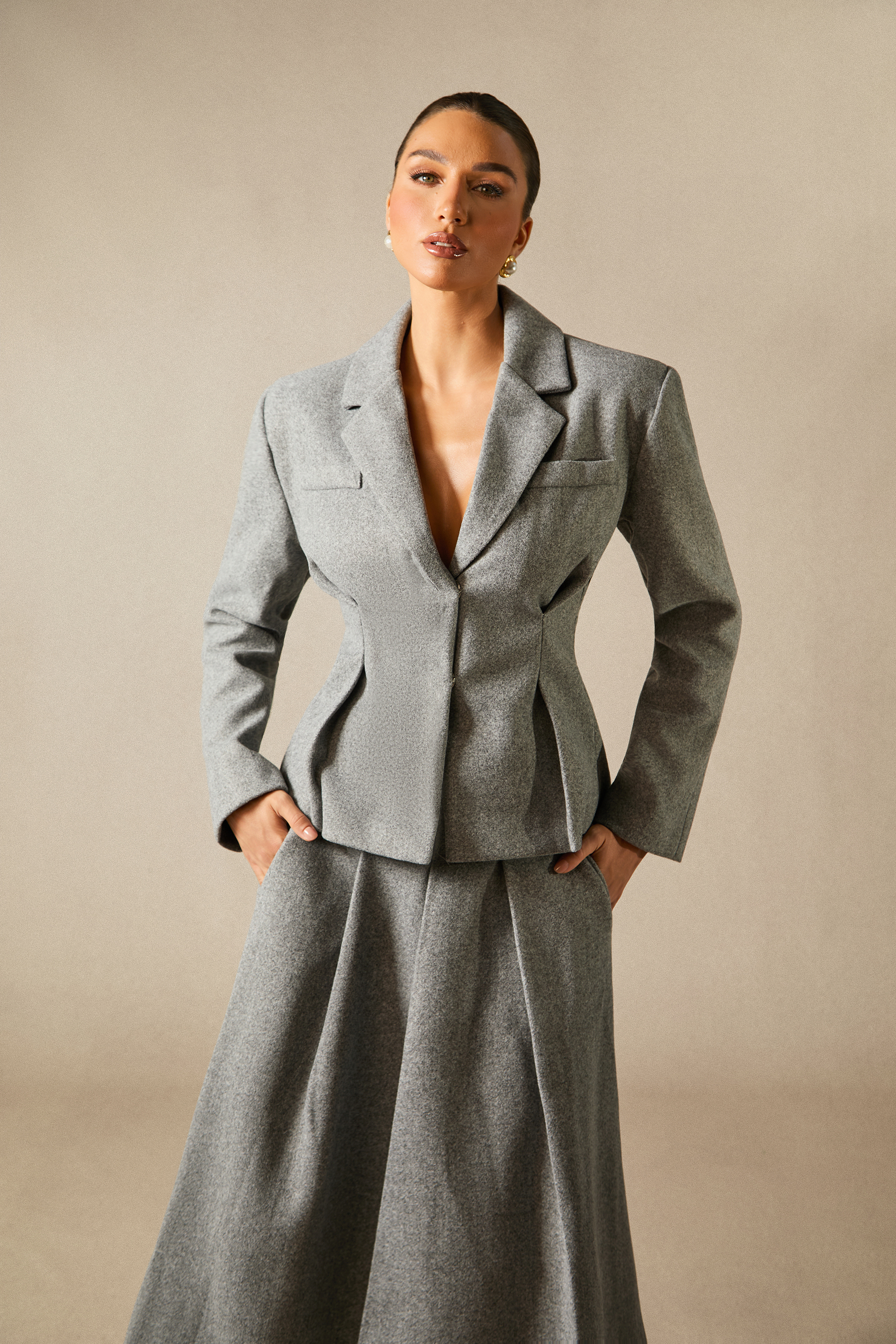 Lapel Blazer Midi Skirt Set
