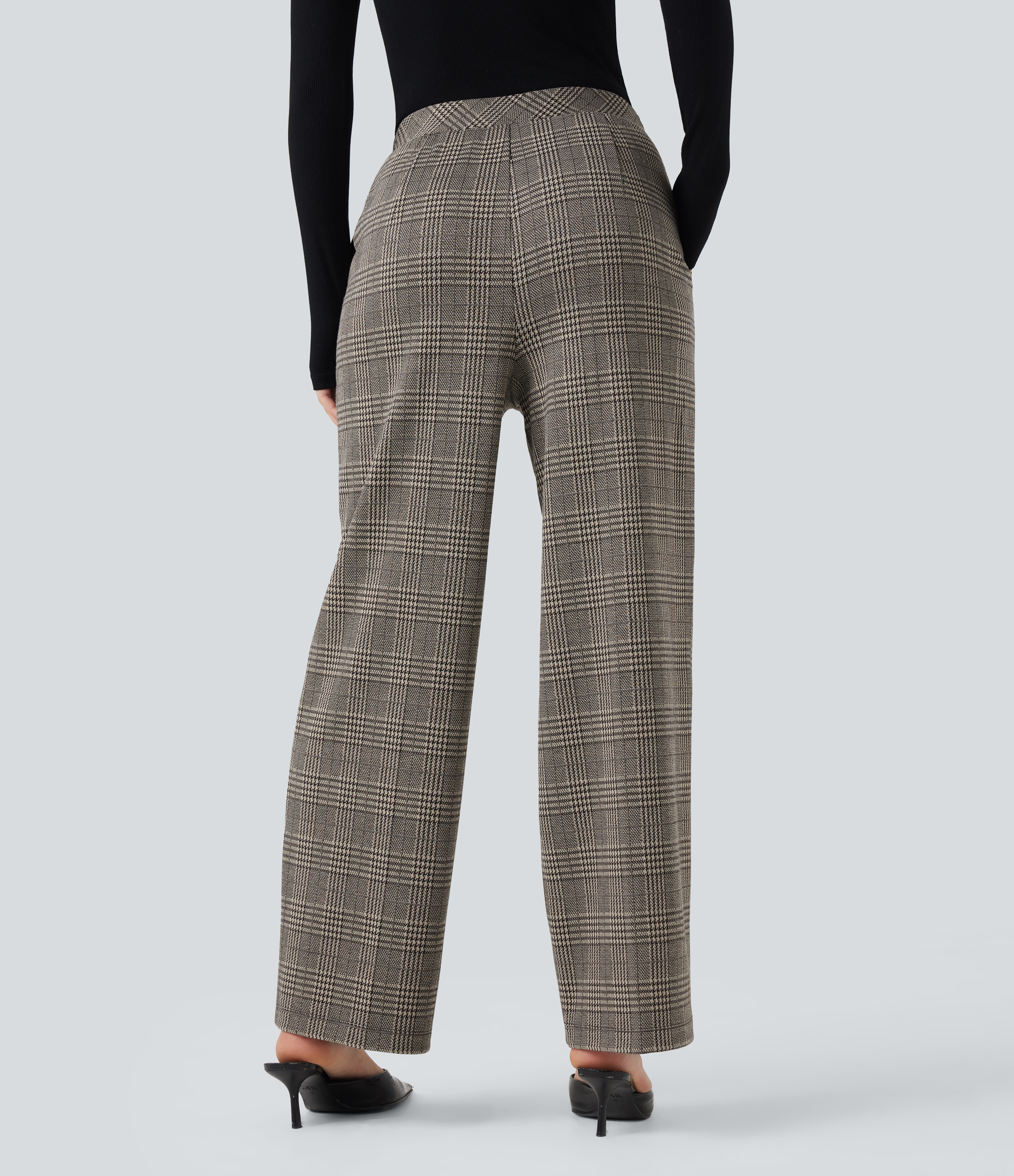 High Waisted Straight Leg Houndstooth Plaid Work Pants with Pockets