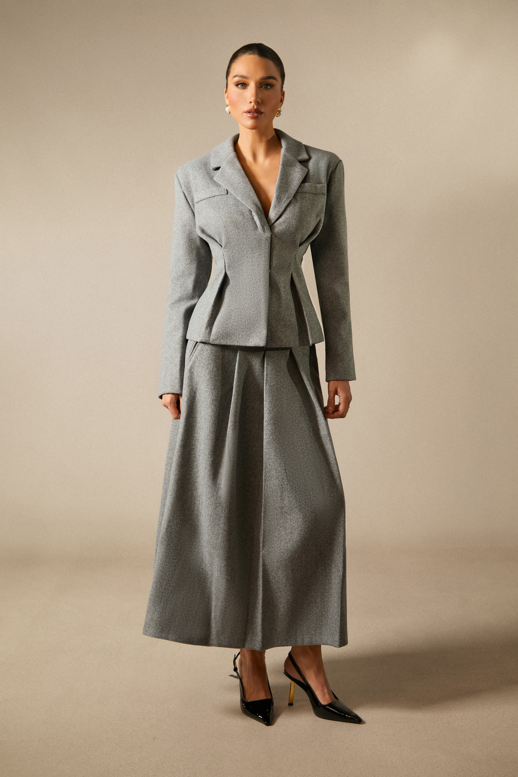 Lapel Blazer Midi Skirt Set