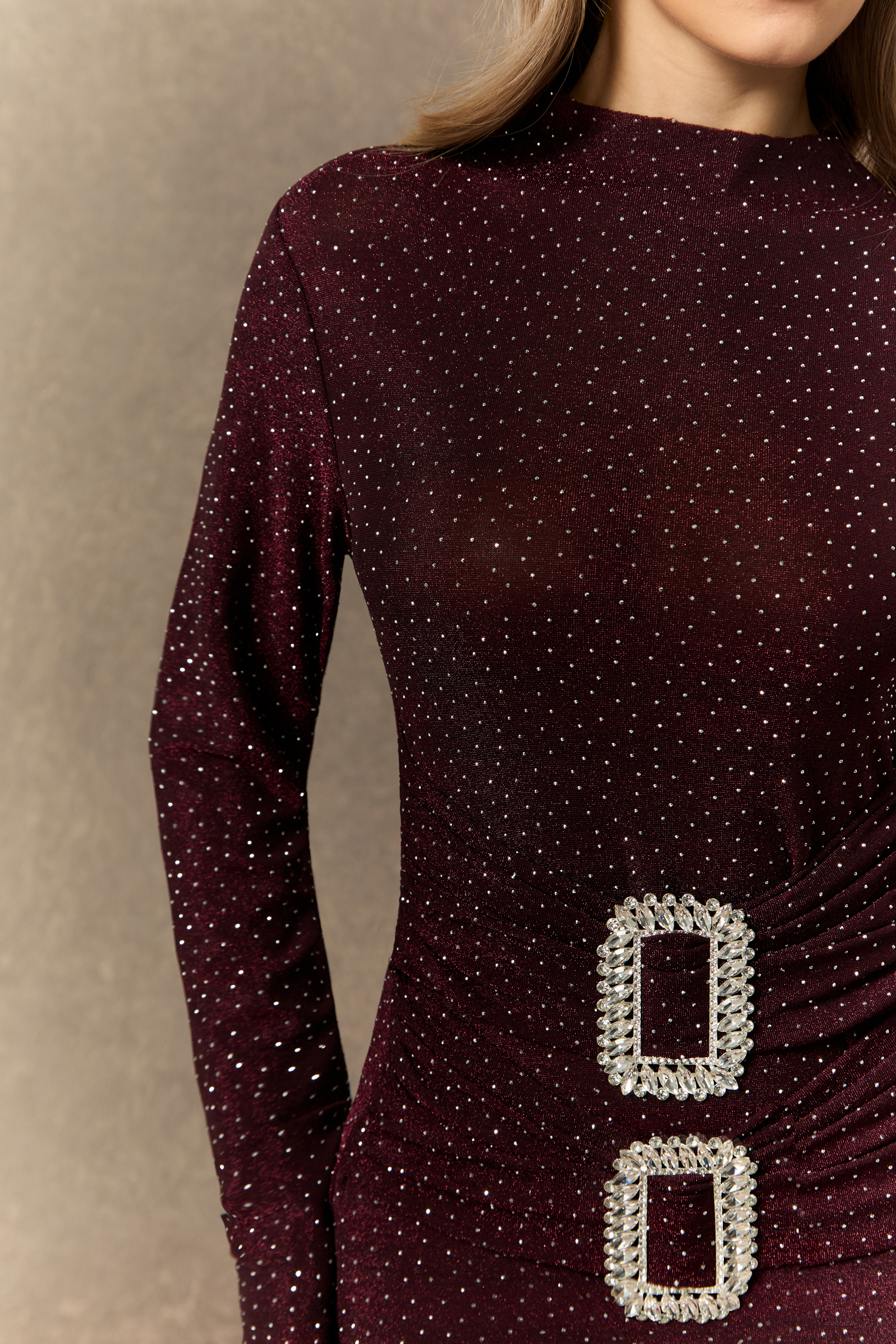 Sensational Burgundy Crystal Buckle Maxi Dress